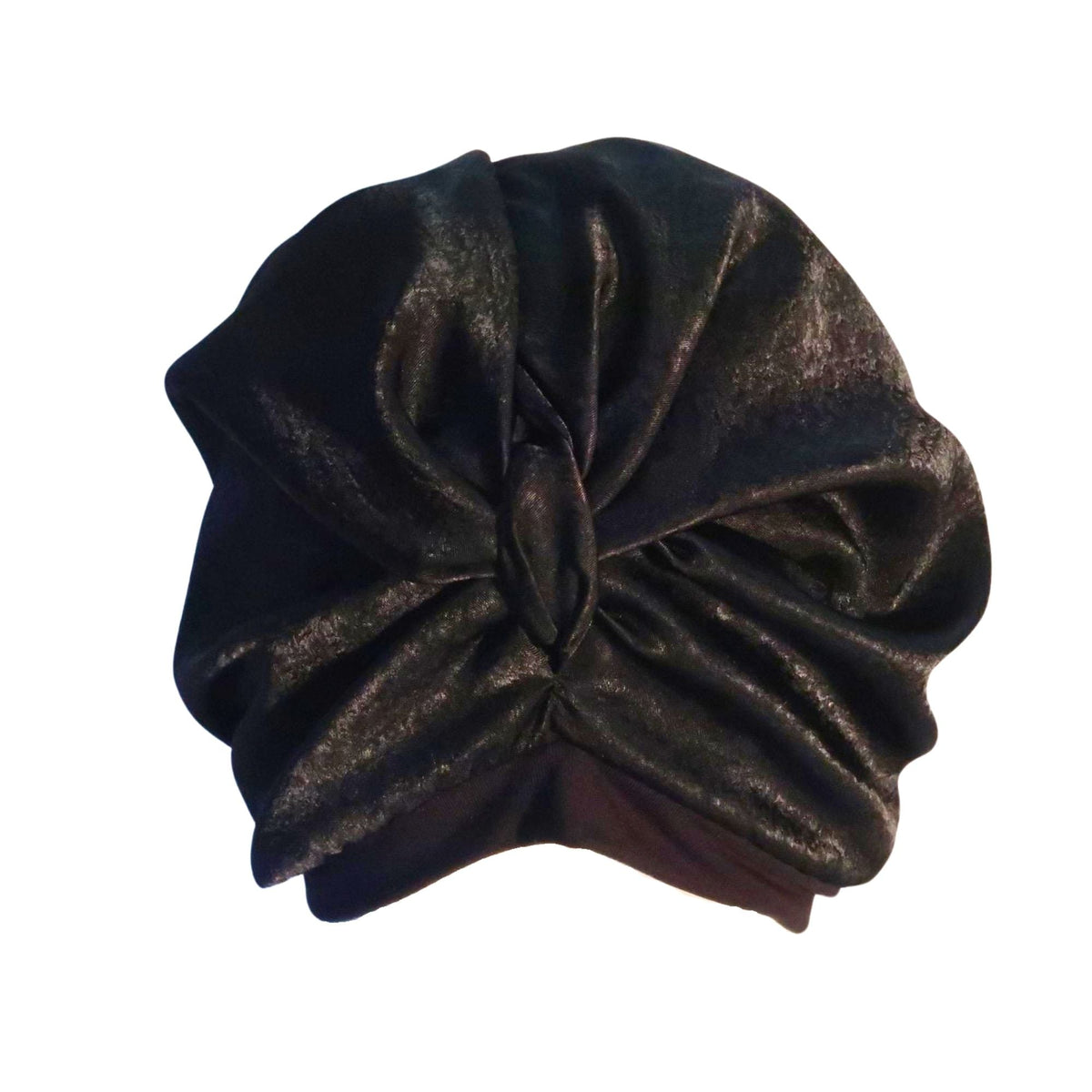 Black silk lined sleep turban with black velvet look satin outer, black bamboo jersey band and front knot.