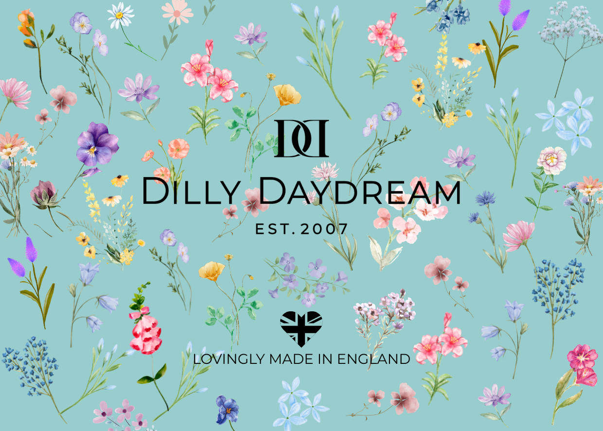 Dilly Daydream brand logo with floral design on a blue background