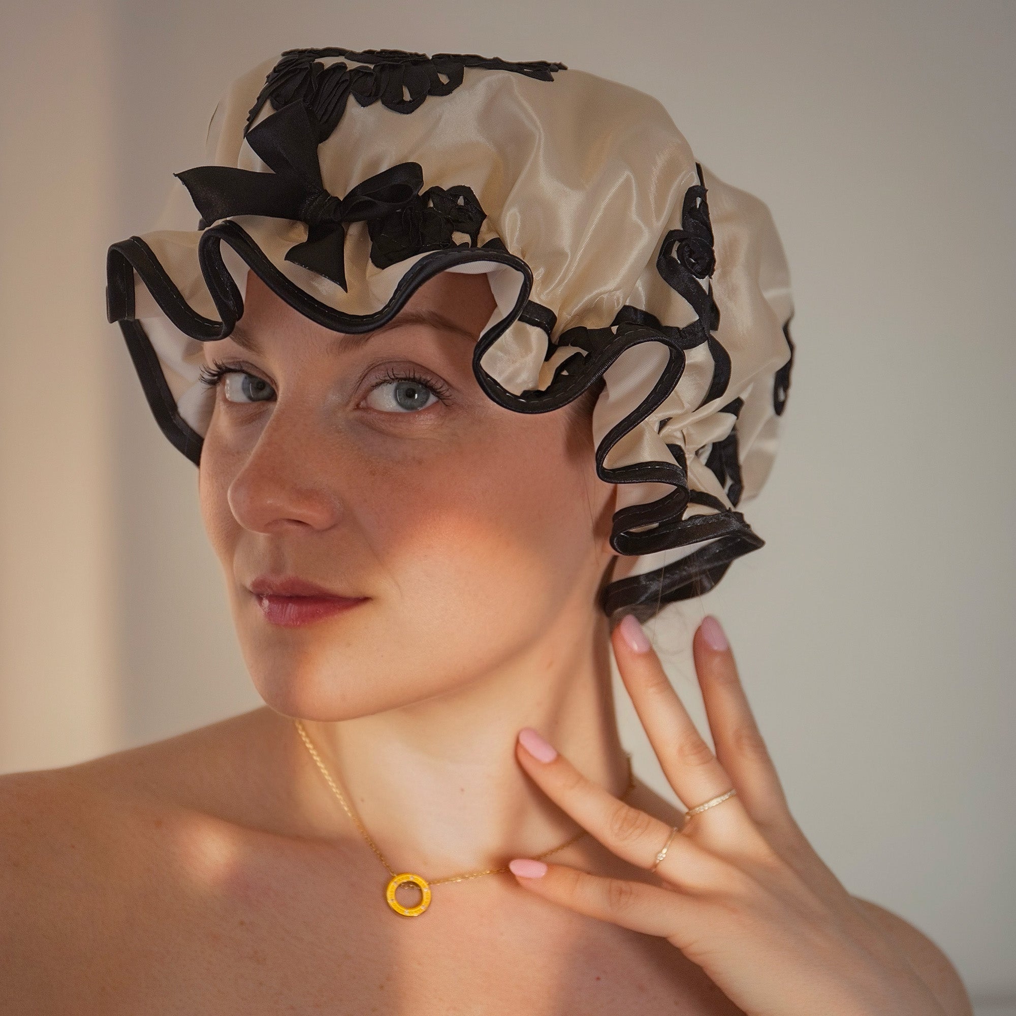 Cream & Black Taffeta Shower Cap