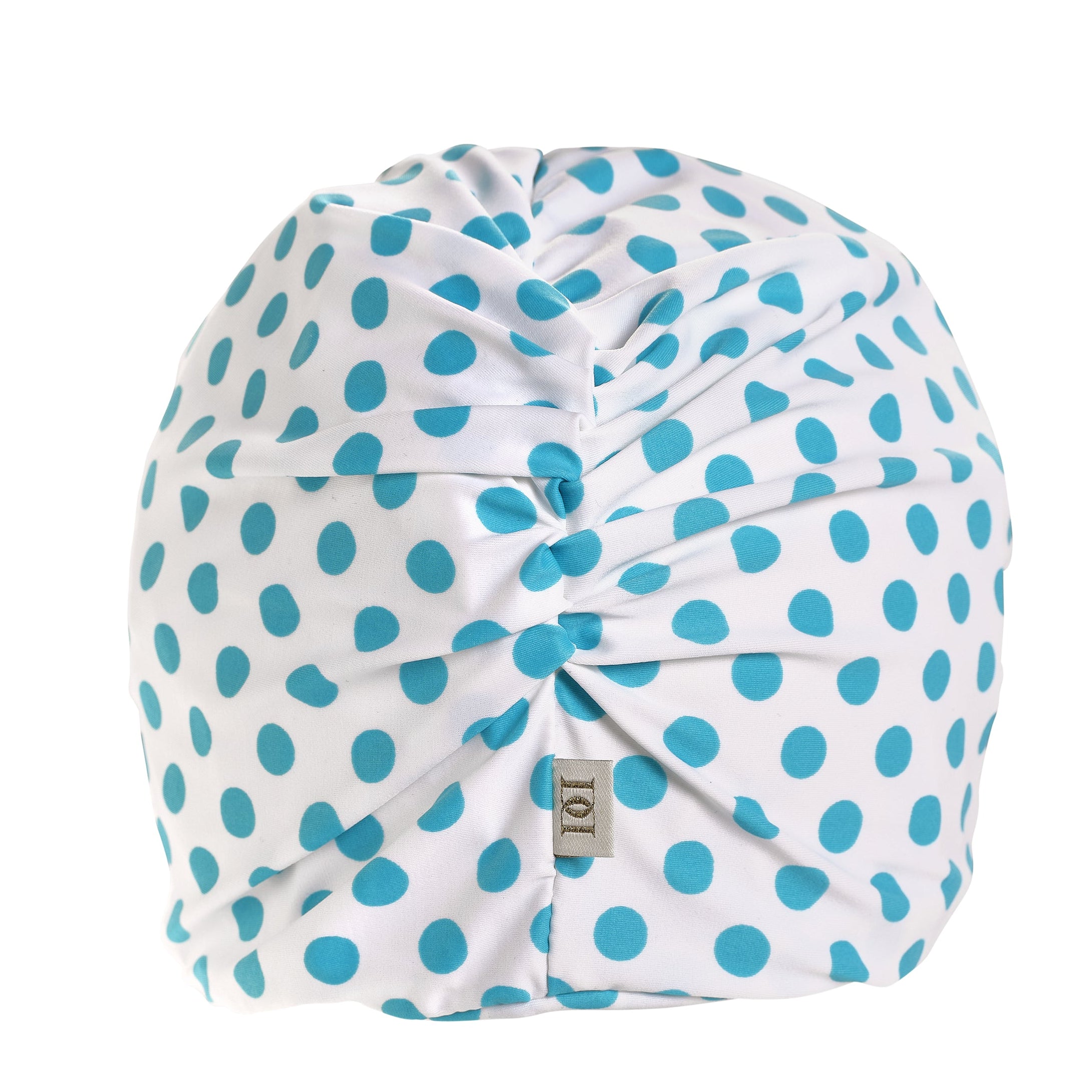 Aqua spots on white lycra pull on waterproof turban, with pretty gather and knot at front.