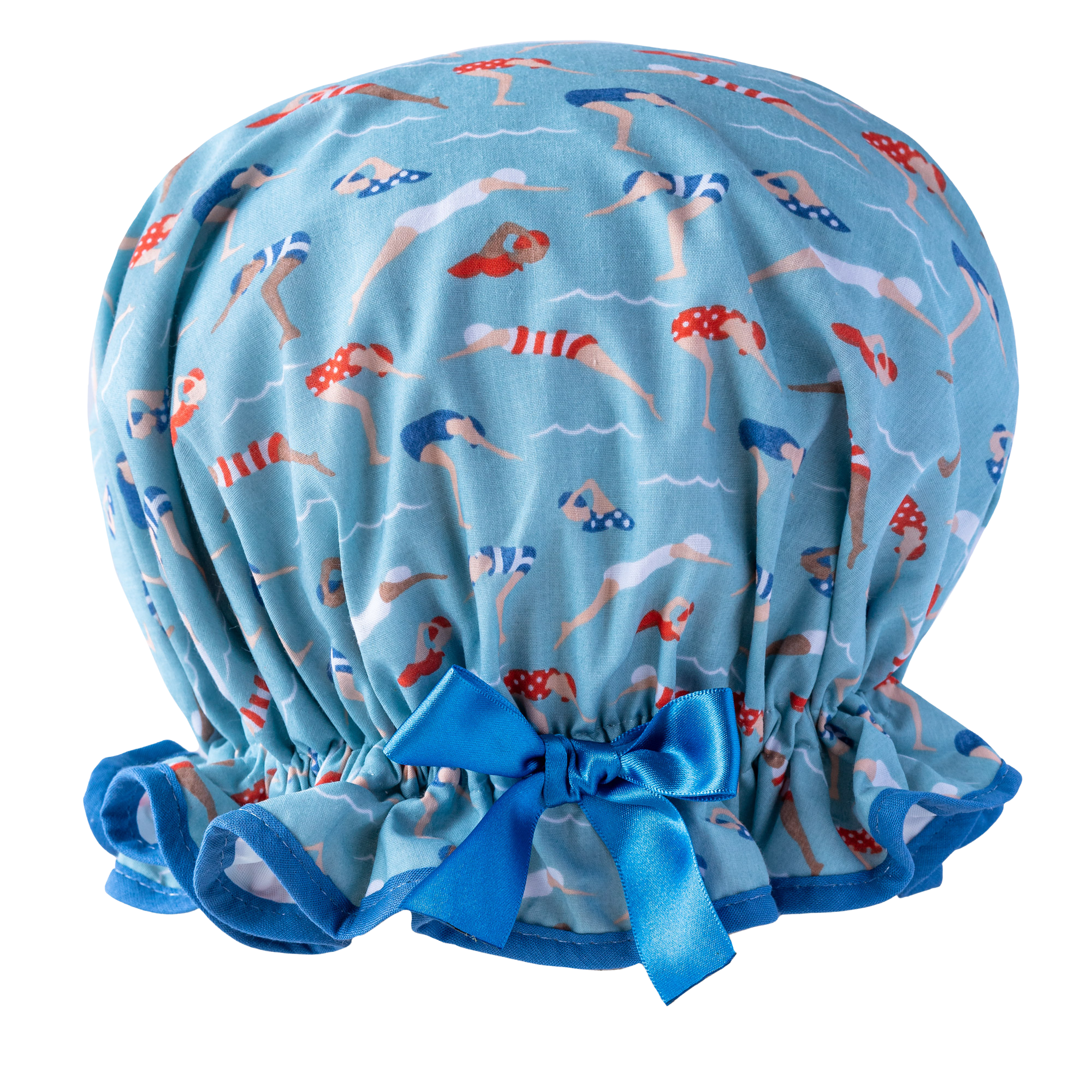Vintage style women's large cotton shower cap. Frilled edge, cute swimmers print on blue background. With blue trim and satin bow.