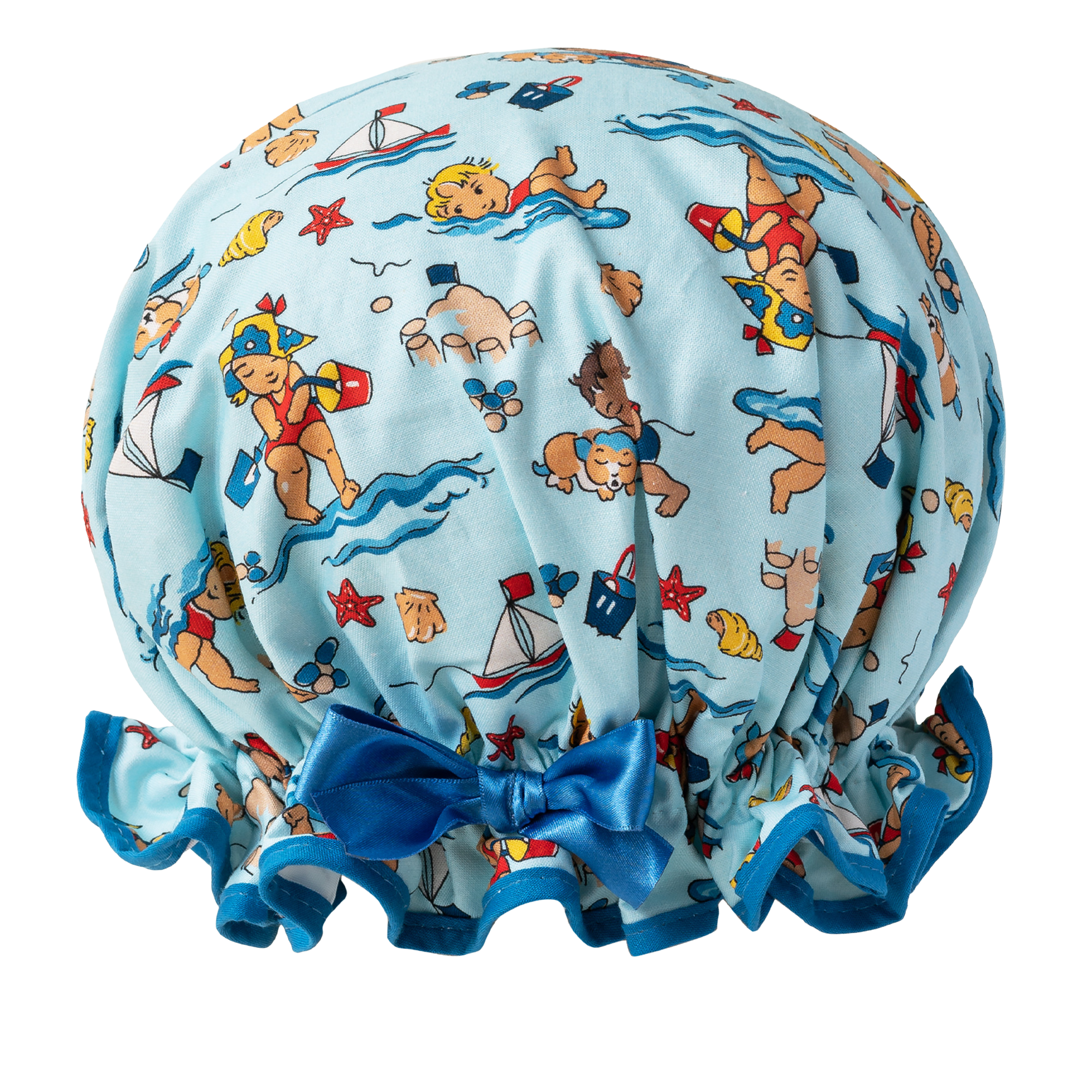 Vintage style women's large cotton shower cap. Frilled edge, cute chubby children swimming and playing on the beach print, on a blue background with matching trim and satin bow.