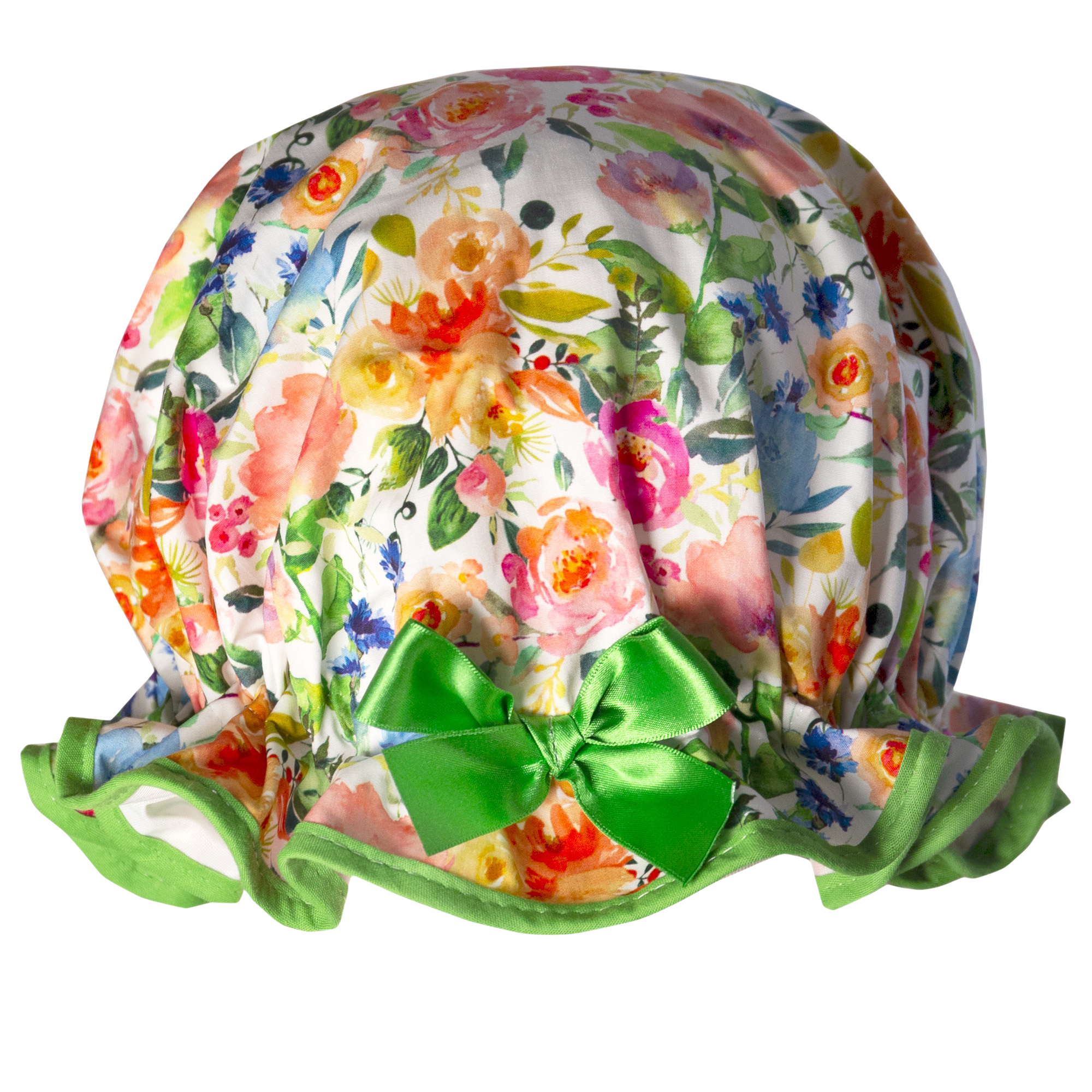Vintage style, women's large cottn shower cap. Frilled edge, bold & bright flower print in pinks greens and blues on a white background. Trimmed in a vibrant green with matching satin bow.
