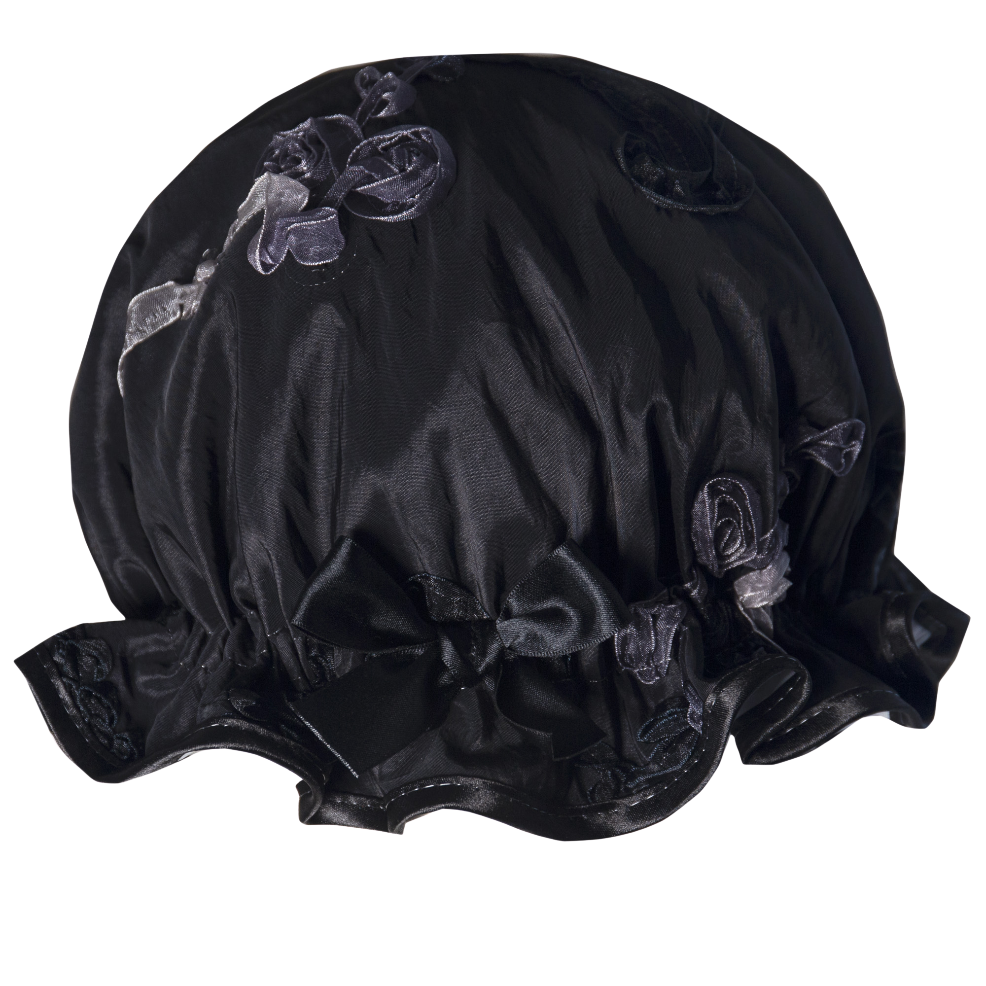 Vintage style women's shower cap. Swirls of white, silver and black ribbons on a black background. Trimmed in black with matching satin bow.