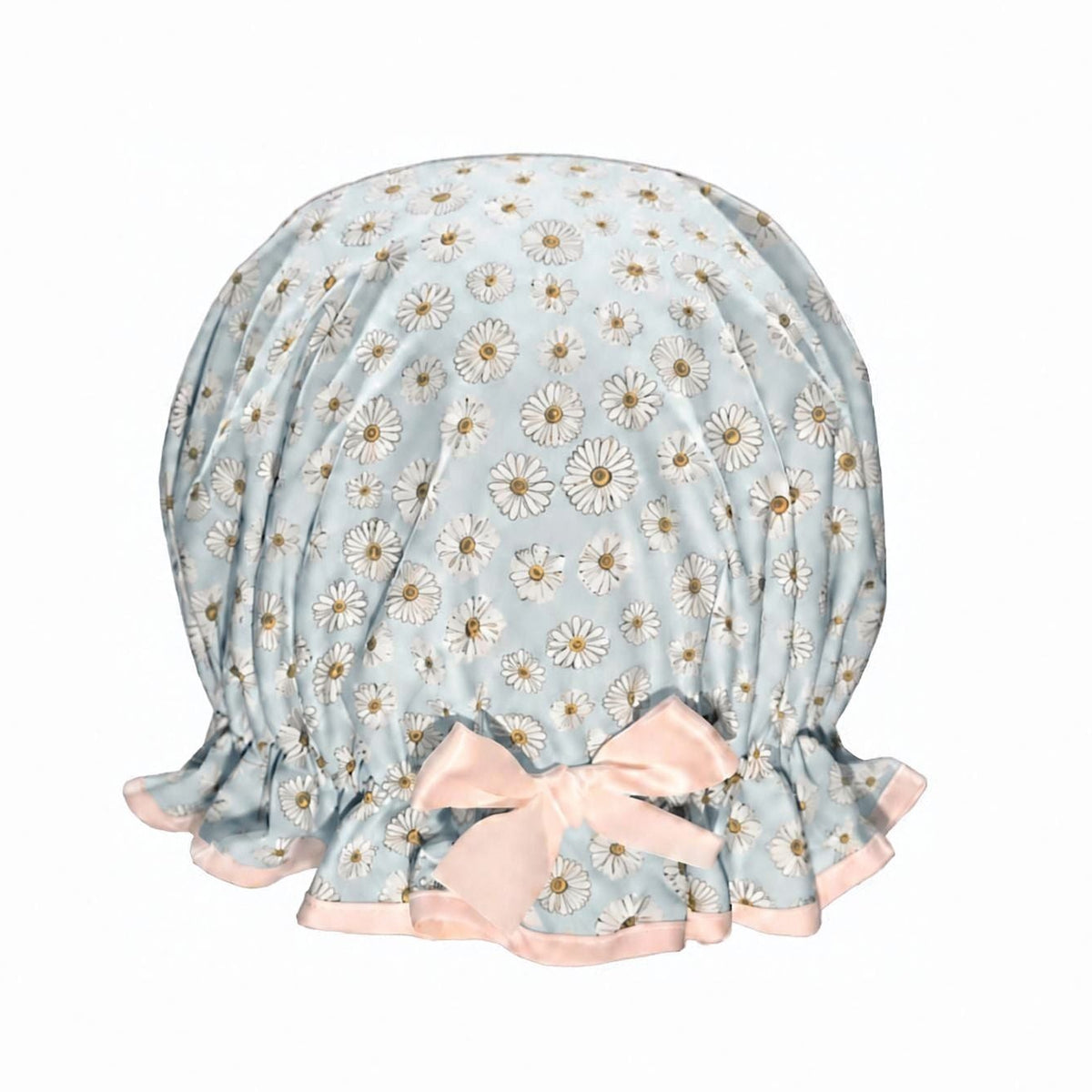 Product shot of a light blue frill shower cap with a white daisy repeat pattern. White trim and matching satin bow.