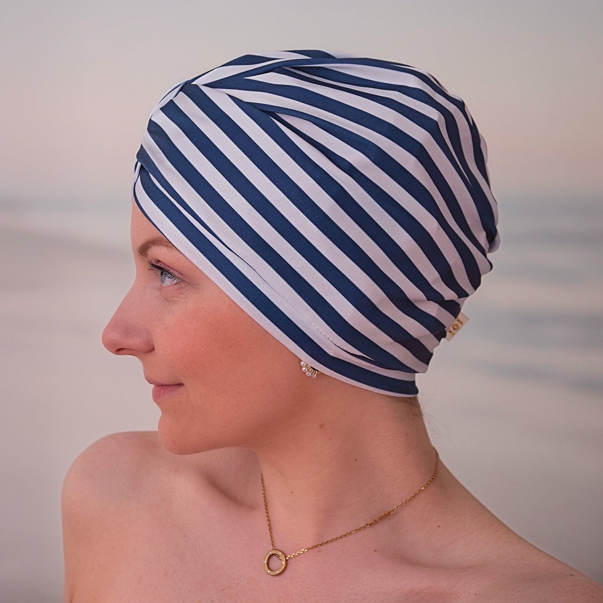 Stripey Blue Jersey Lined Drying Turban