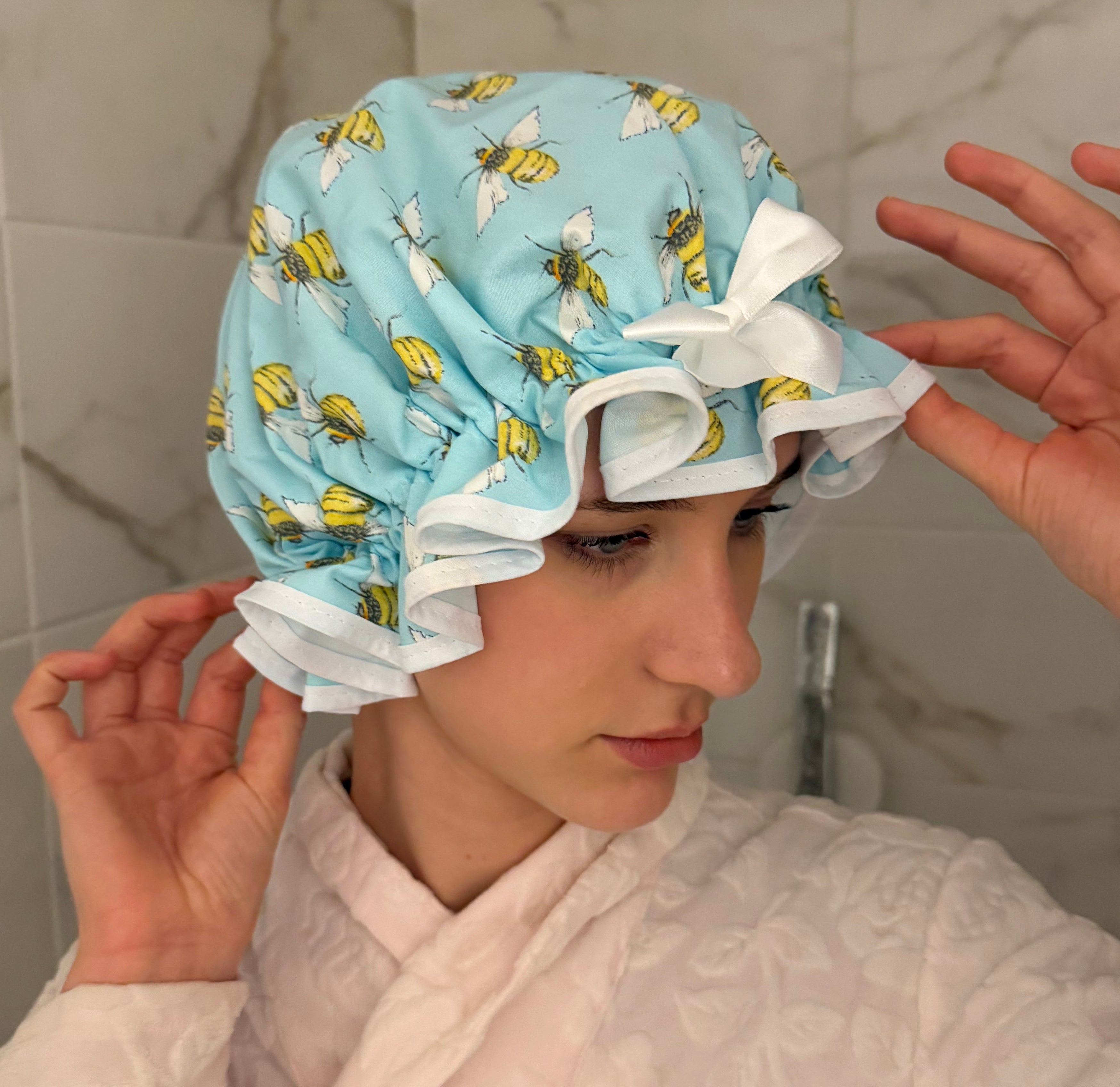 Bumble Bee Blue Shower Cap