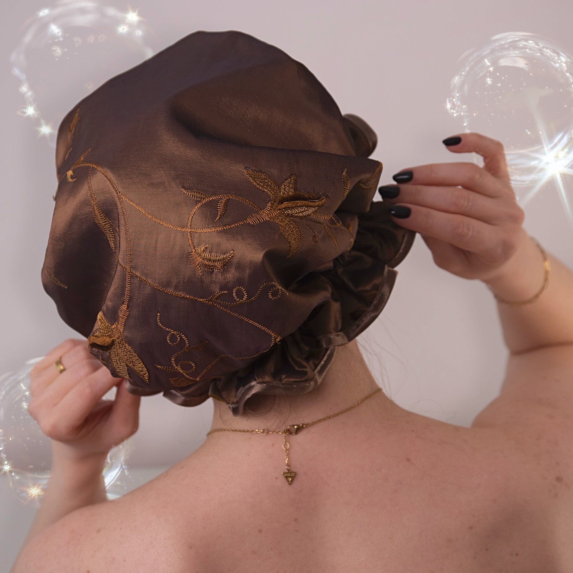 New! Chocolate Taffeta Shower Cap
