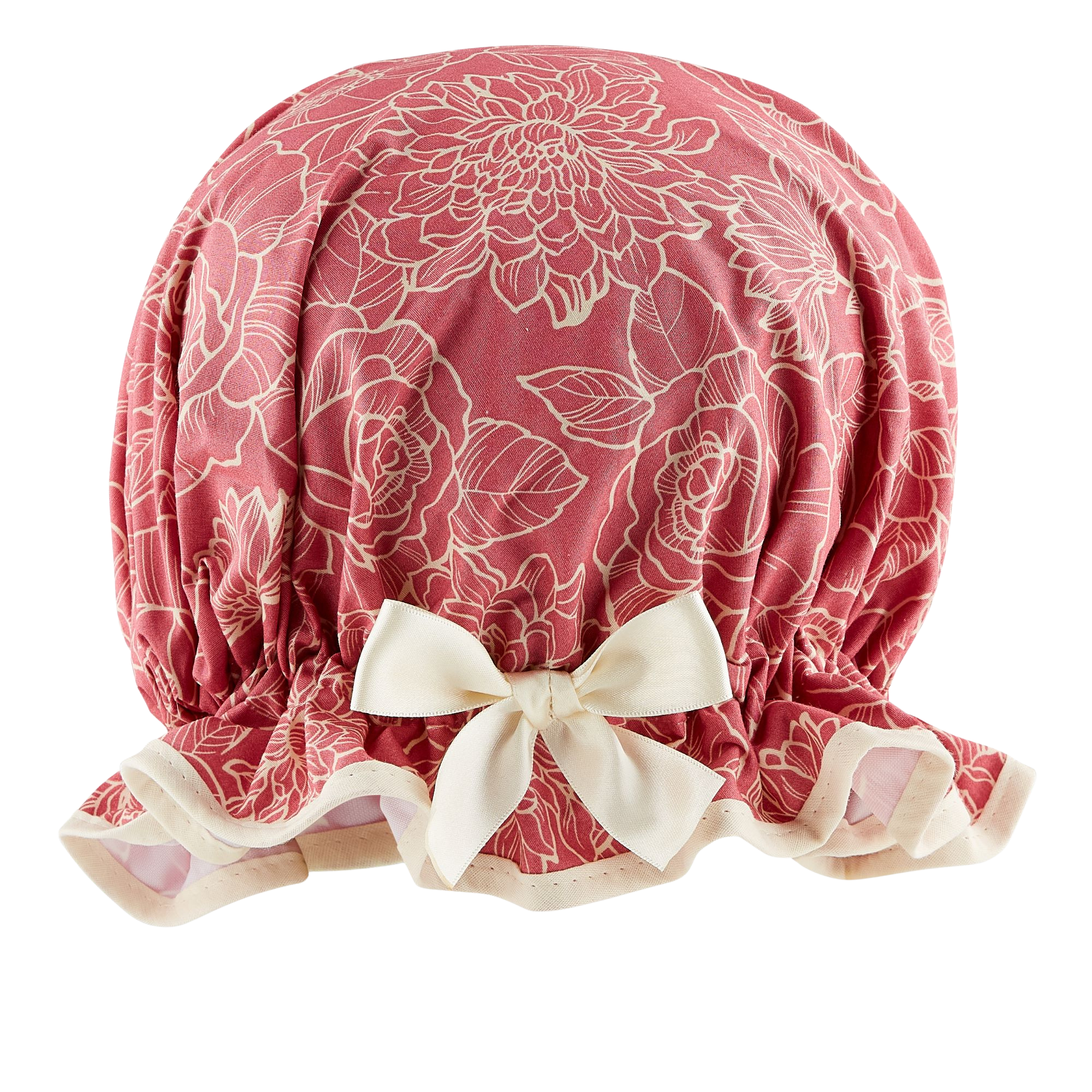 Vintage style, women’s large cotton shower cap. Frilled edge, ivory flowers on dusky rose pink background with ivory trim and matching satin bow.
