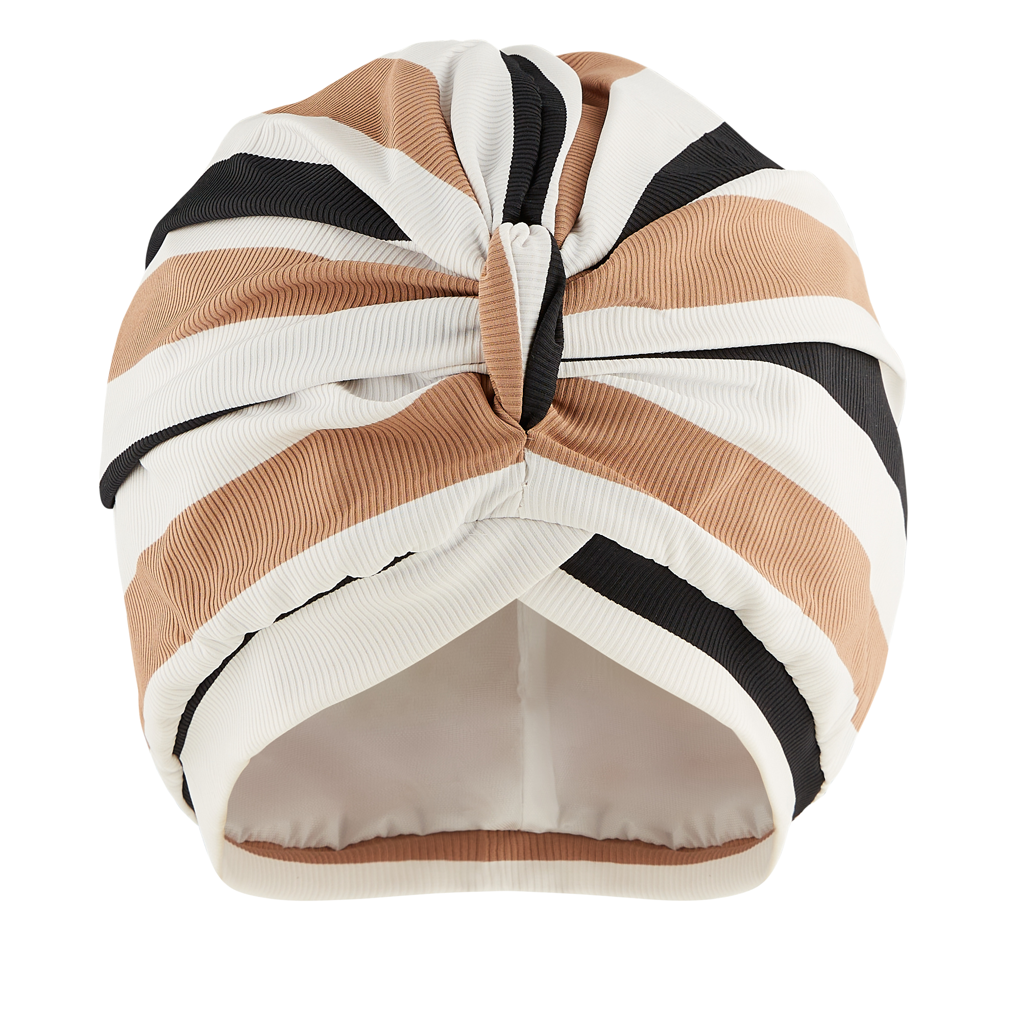Oatmeal, white and blue striped ribbed lycra pull on waterproof turban, with pretty gathered know at front.