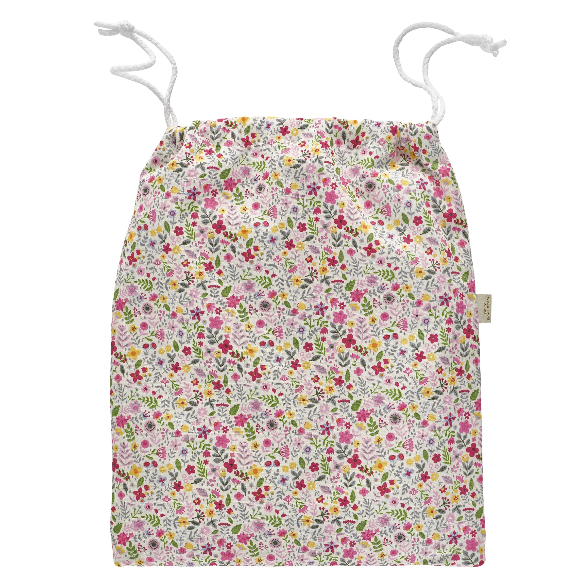 Flat multicoloured floral cotton print wash bag with white cord pulls and white waterproof lining