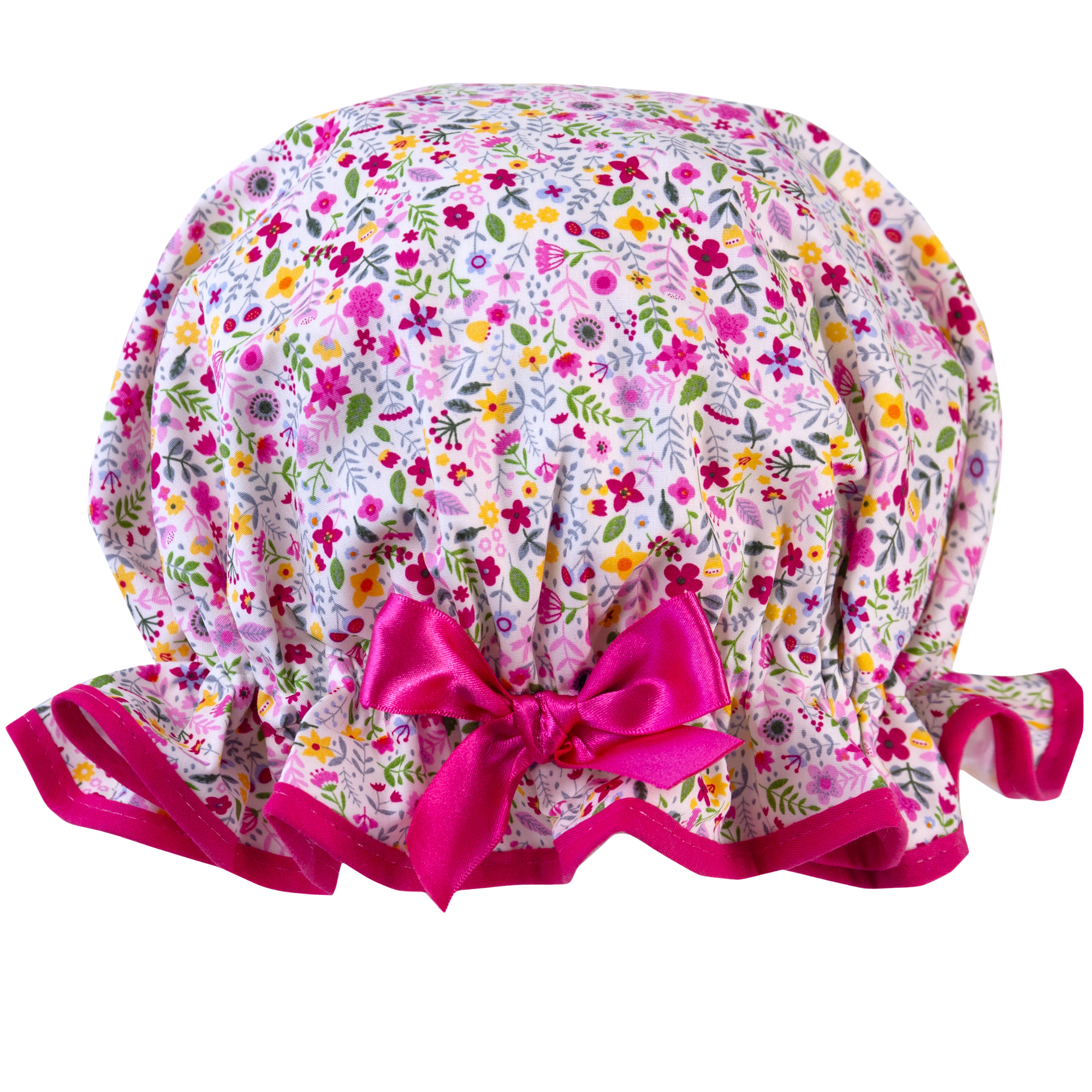 Vintage style, women's large cotton shower cap. Frilled edge, small pink, cerise, green, blue and yellow flower print, trimmed in bright pink cotton and matching satin bow.
