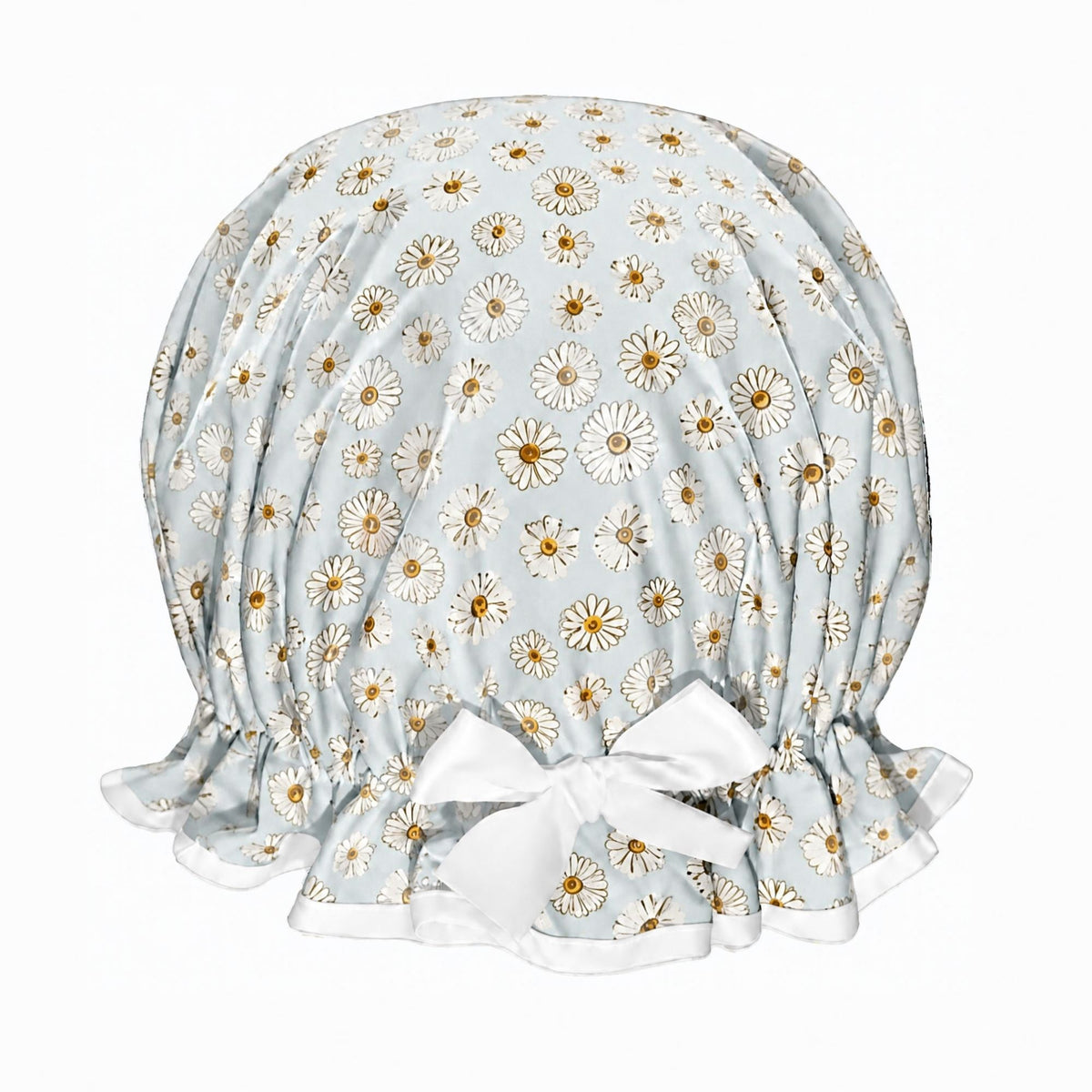 Product shot of a light blue frill shower cap with a white daisy repeat pattern. White trim and matching satin bow.