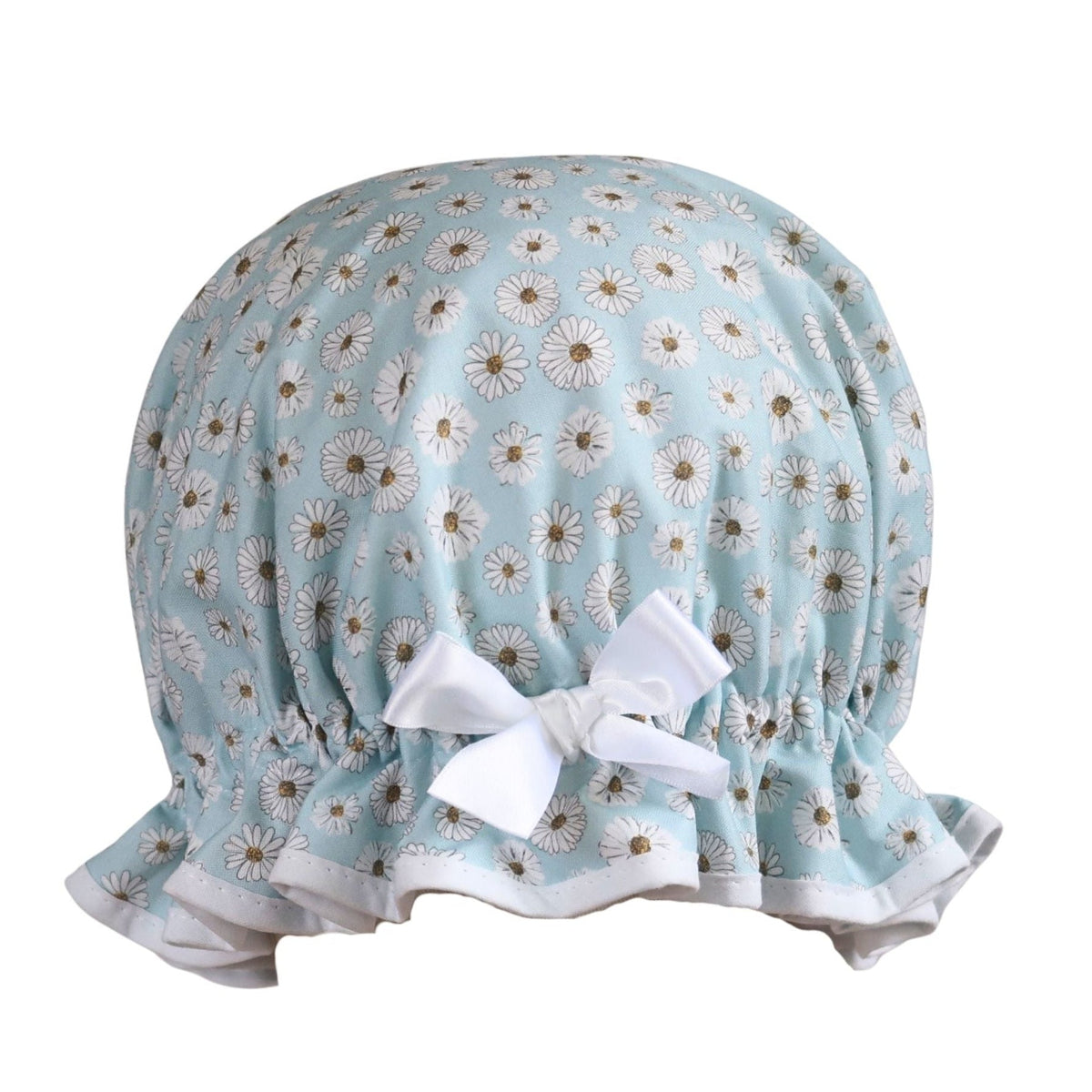 Vintage style women's roomy shower cap. Frilled edge, white daisies on blue background cotton print with crisp white trim and matching satin bow