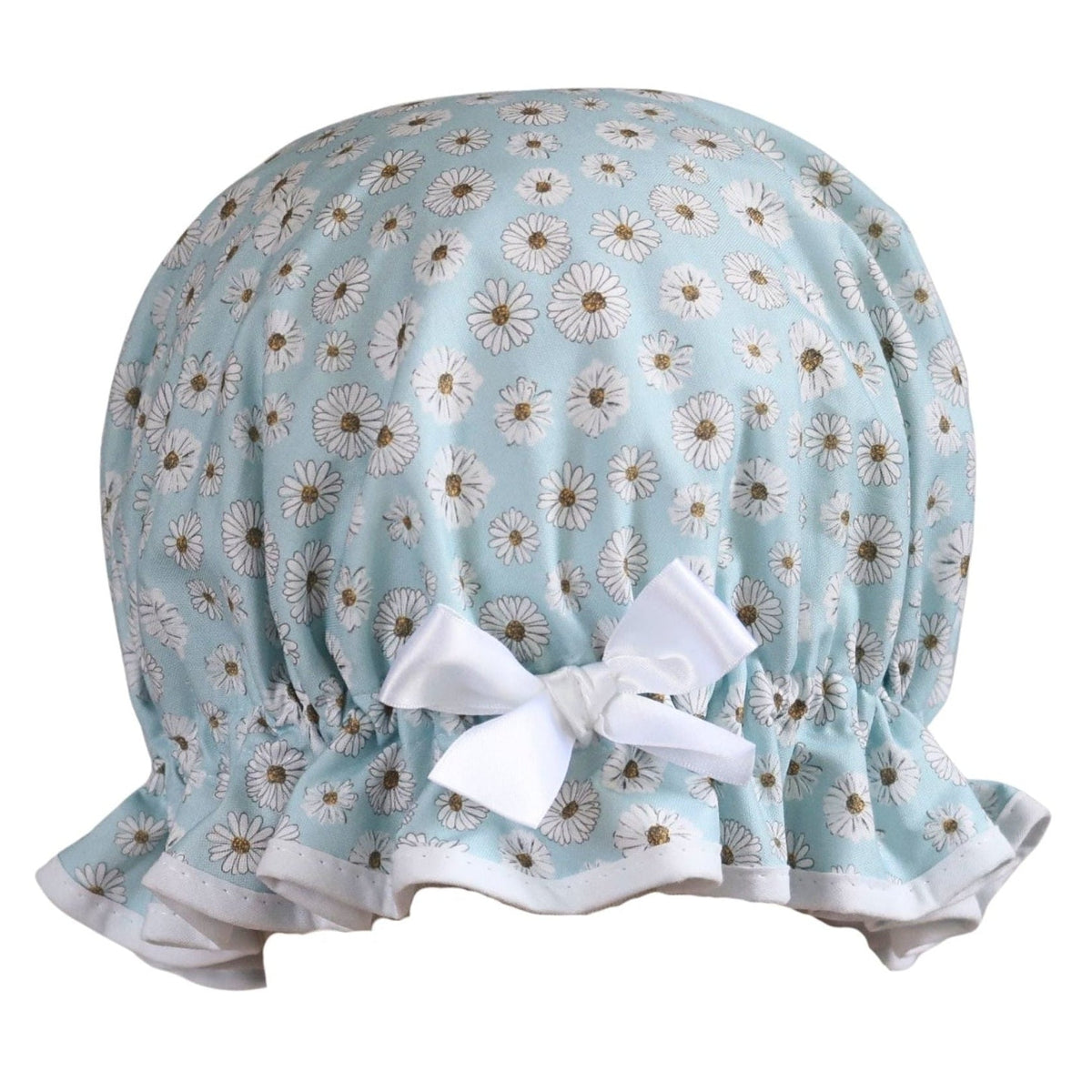 Vintage style women's roomy shower cap. Frilled edge, white daisies on blue background cotton print with crisp white trim and matching satin bow