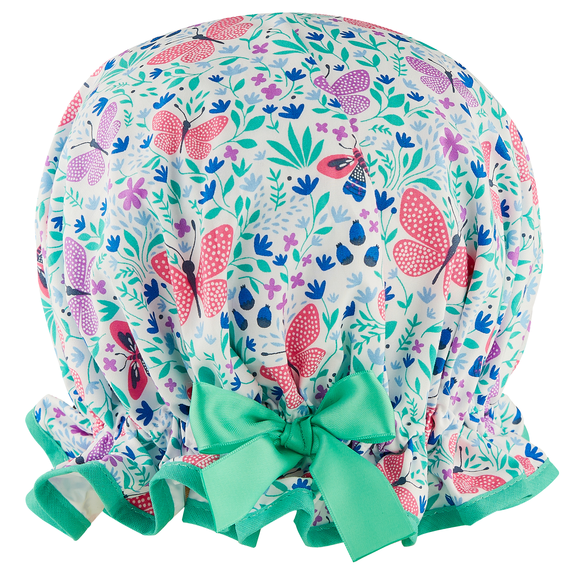Vintage style women's large yellow and green cotton shower cap. Frilled edge, lemon and lime fruit cotton print. Lime green trim and satin bow.