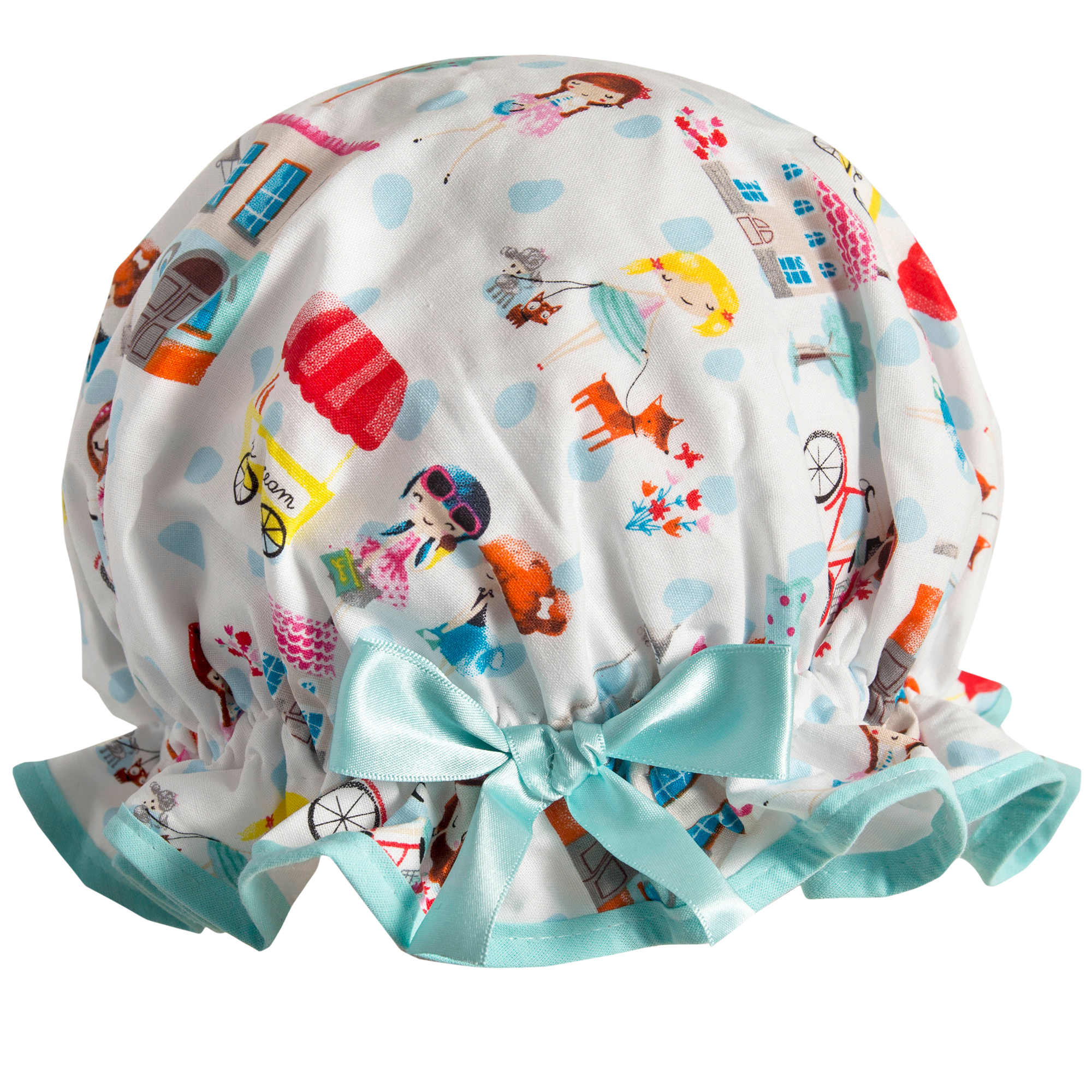 Vintage style kid's cotton shower cap. Frilled edge, colourful Parisian style print of women walking little dogs, cycling, ice cream cars, houses and trees on a white background with aqua trim and bow.