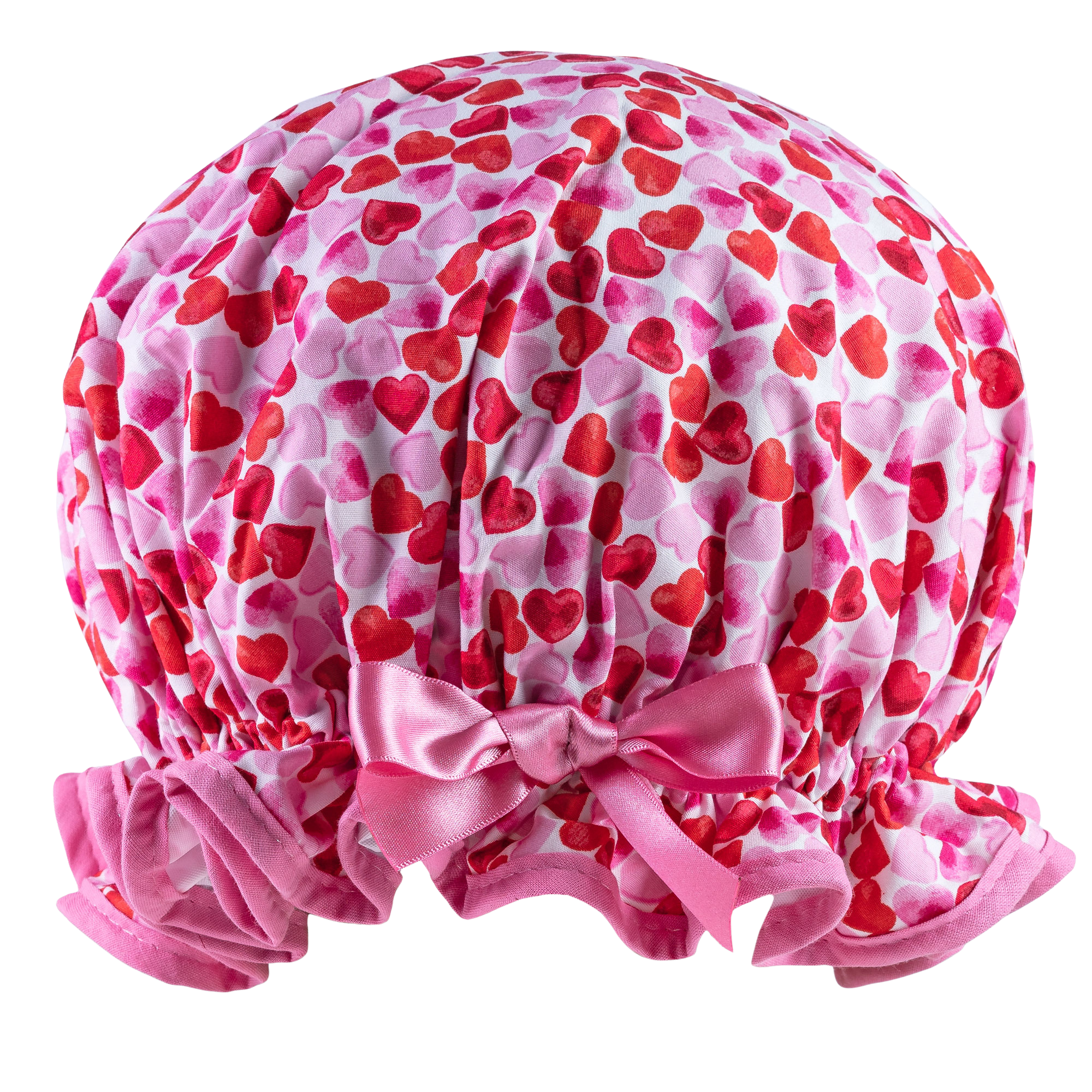 Vintage style women's large cotton shower cap. Frilled edge, pink and red hearts with pink trim and matching satin bow