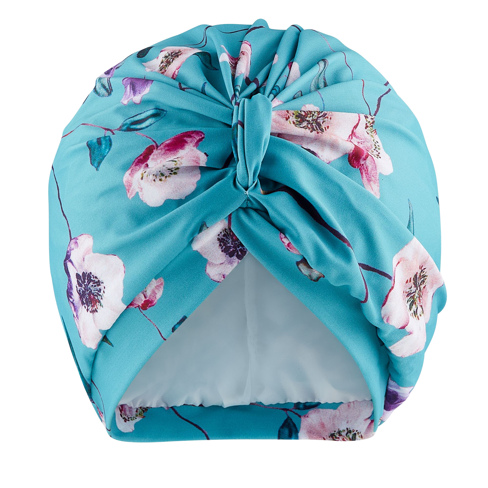 Delicate jade green floral lycra pull on waterproof turban, with pretty gathered knot at front