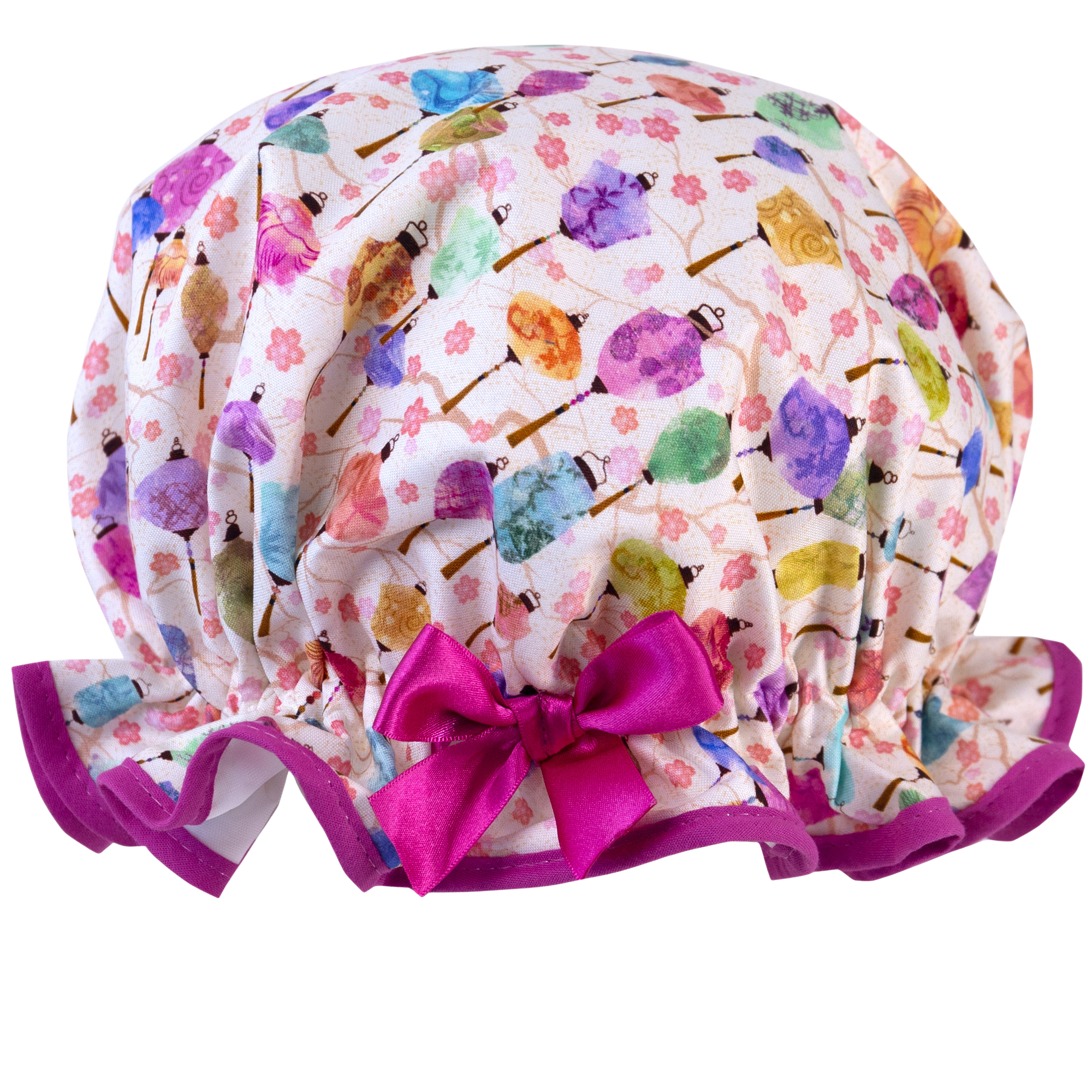Vintage style, women's large cotton shower cap. Frilled edge, multi-coloured paper lantern print trimmed in warm pink and matching satin bow.