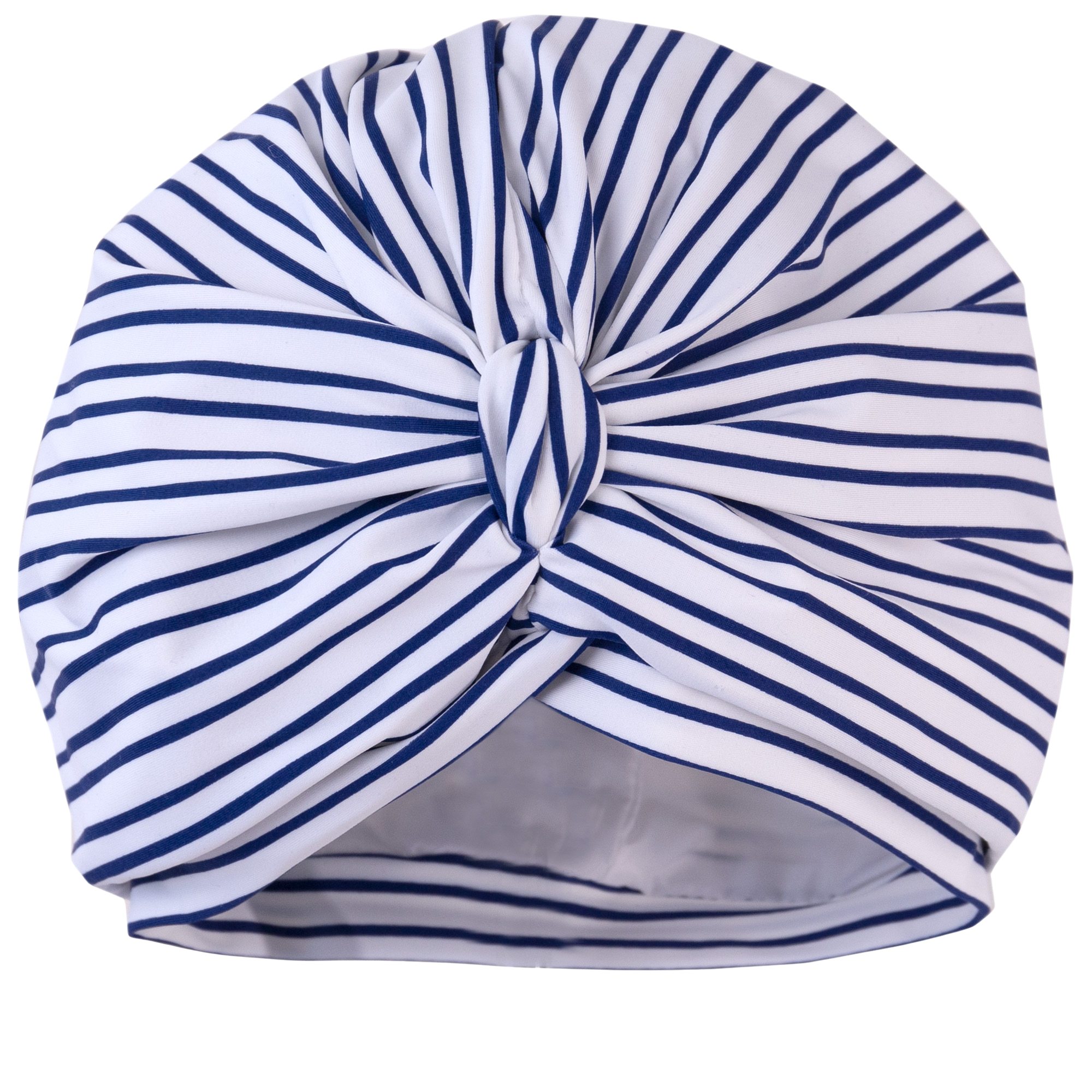 Navy stripe on white background lycra pull on waterproof shower turban, with pretty gathered know at front.