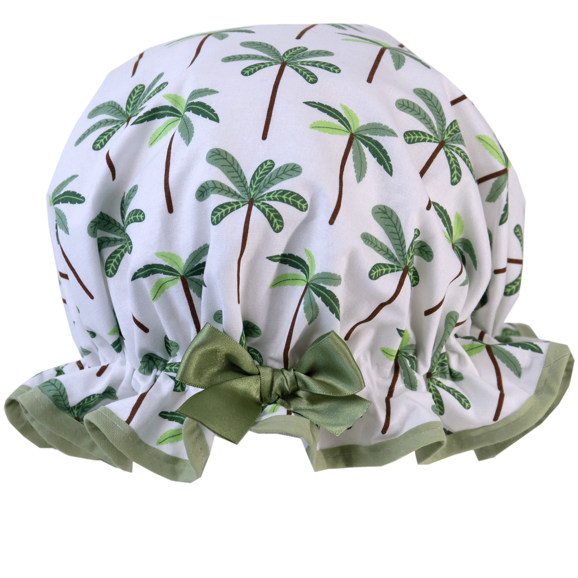 Vintage style, women's large cotton shower cap. Frilled edge, green palm tree print trimmed in sage green and matching satin bow.