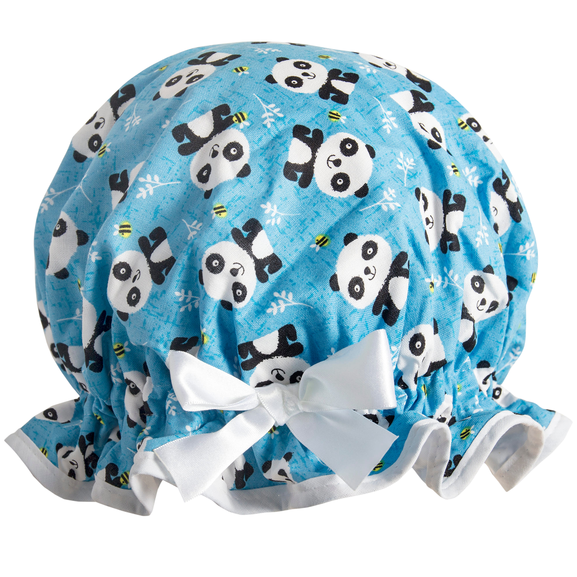 Vintage style kid's cotton shower cap. Frilled edge, cute panda print on blue background with white trim and bow.