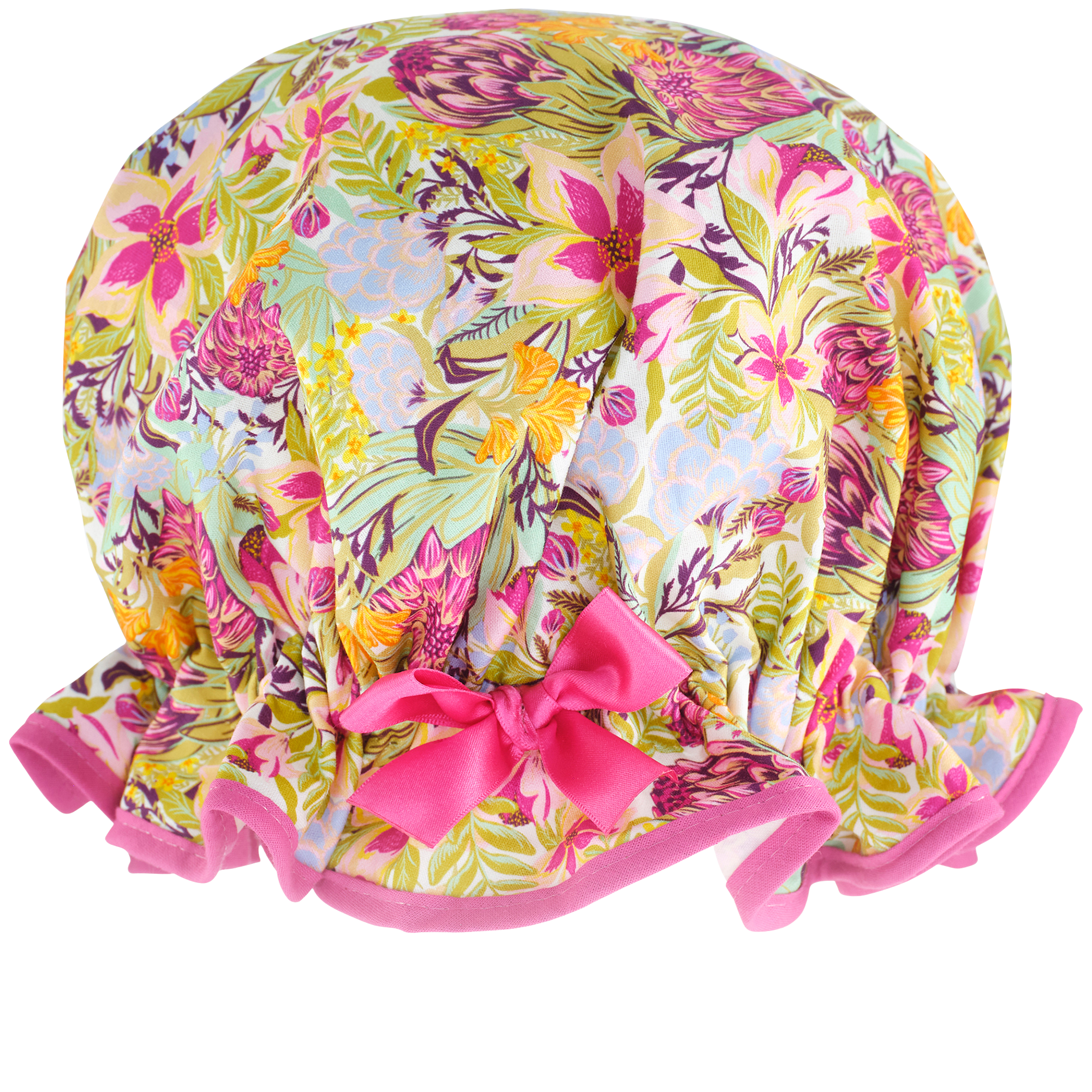 Vintage style women's large cotton shower cap.  Frilled edge, pink and green floral print. Complementary pink trim and satin bow.