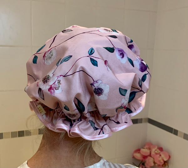 Pink Rose Satin Shower Cap