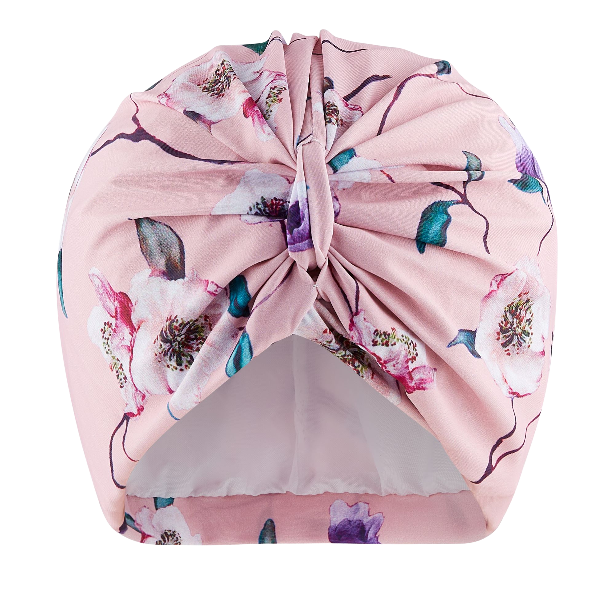 Delicate pink floral lycra pull on waterproof turban, with pretty gathered knot at front