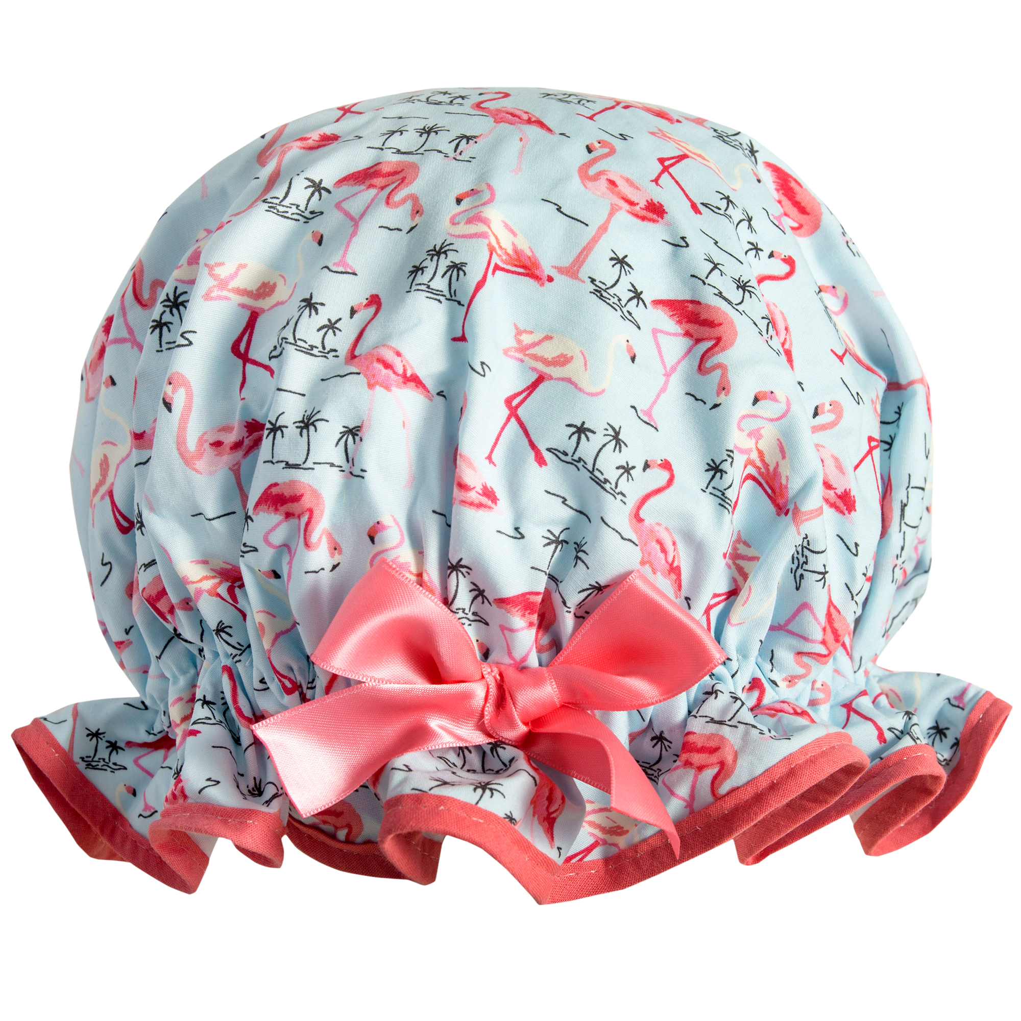 Vintage style women's large cotton shower cap. Frilled edge, pink flamingos with small black palm tree outline on pale blue background. Coral trim and satin bow.