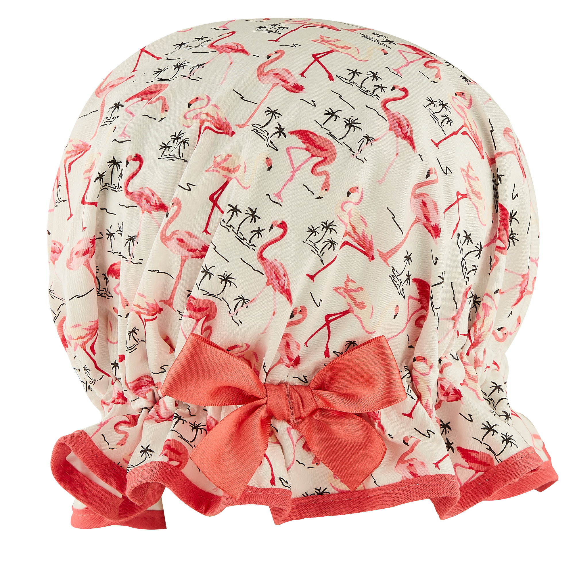 Vintage style women's large cotton shower cap. Frilled edge, pink flamingos with small black palm tree outline on ivory background. Coral trim and matching satin bow.