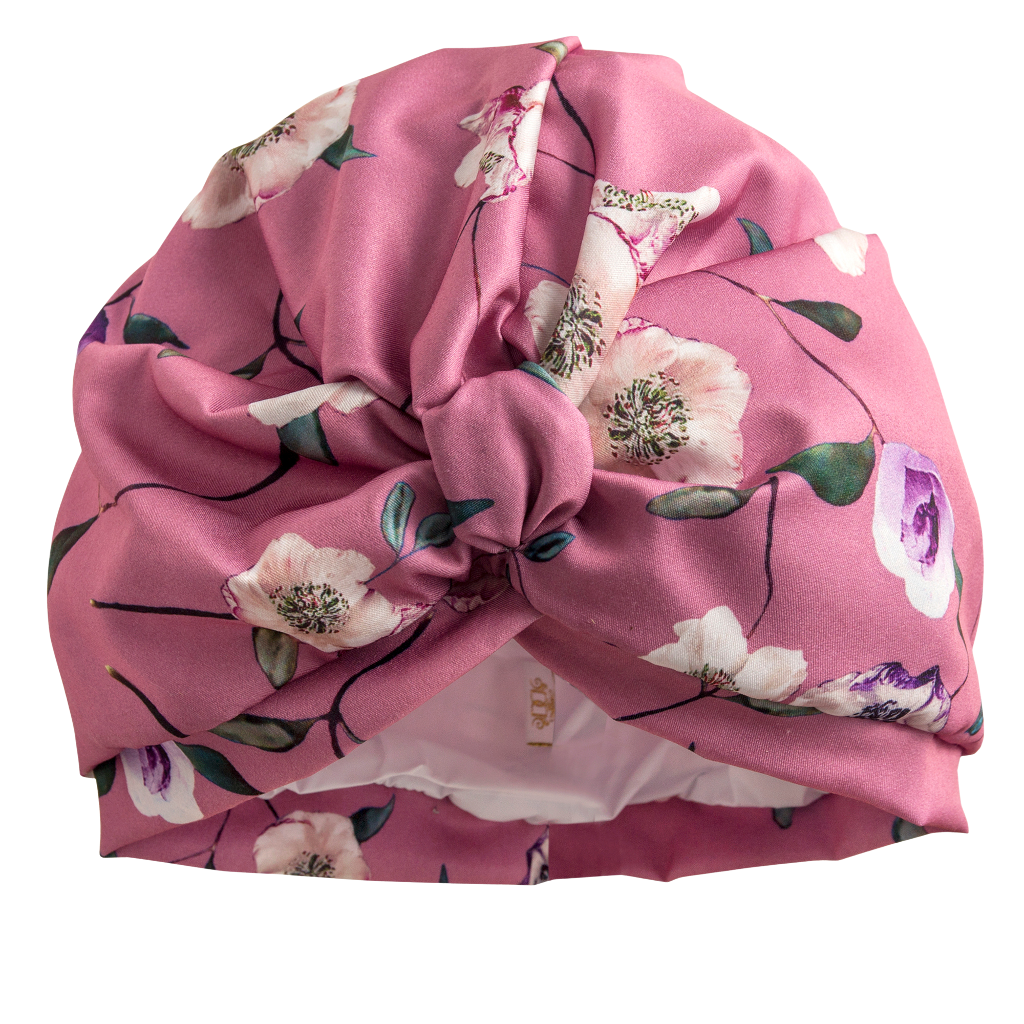 Dusky pink rose floral print satin pull on waterproof turban, with pretty gather and knotted at front