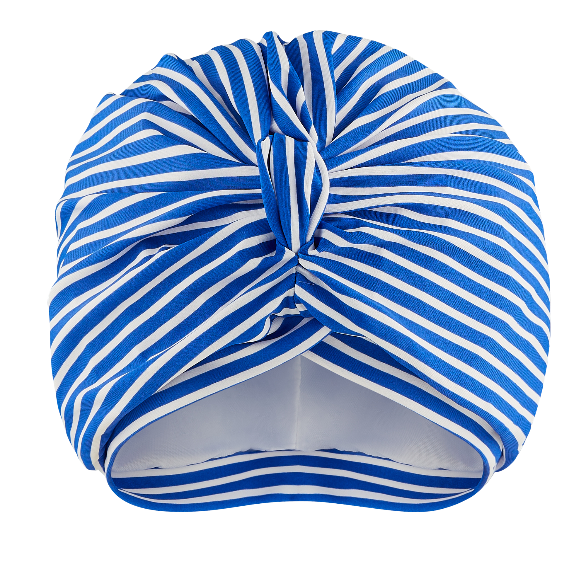 Royal blue and white stripe lycra pull on waterproof turban, with pretty gathered knot at front