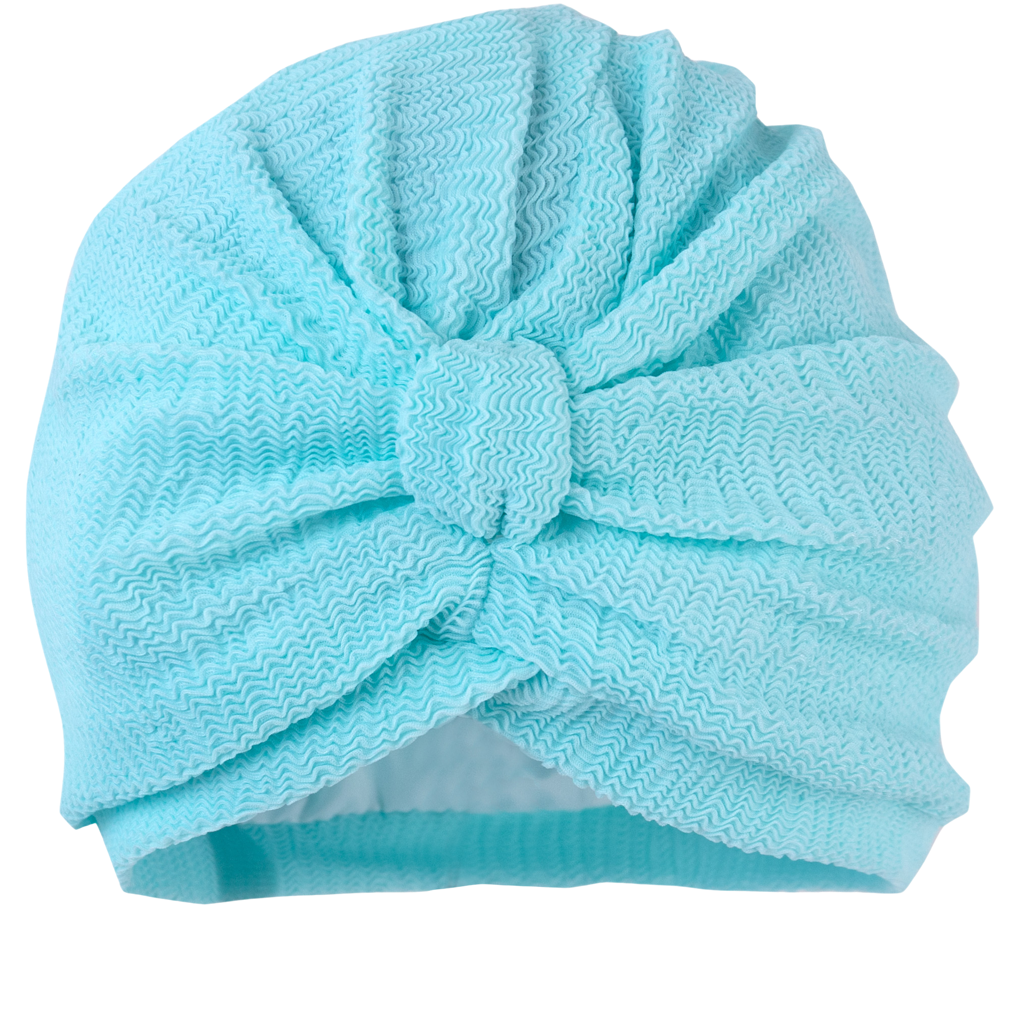 Plain aqua coloured textured lycra pull on waterproof shower turban, with pretty gathered knot at front.
