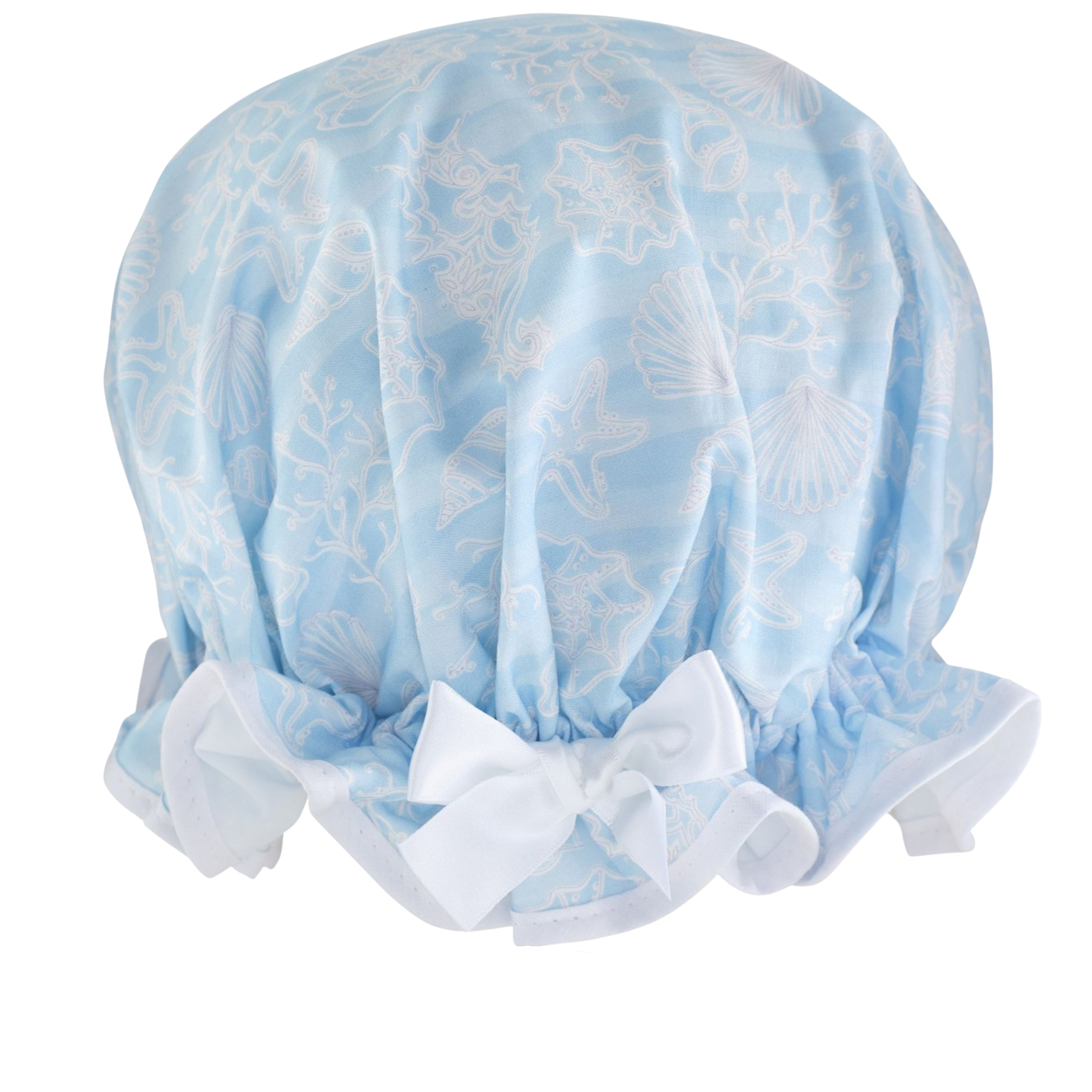 Vintage style women's large cotton shower cap.  Frilled edge, white sea plants, starfish and seahorses on a crisp blue background. Complementary white trim and satin bow.