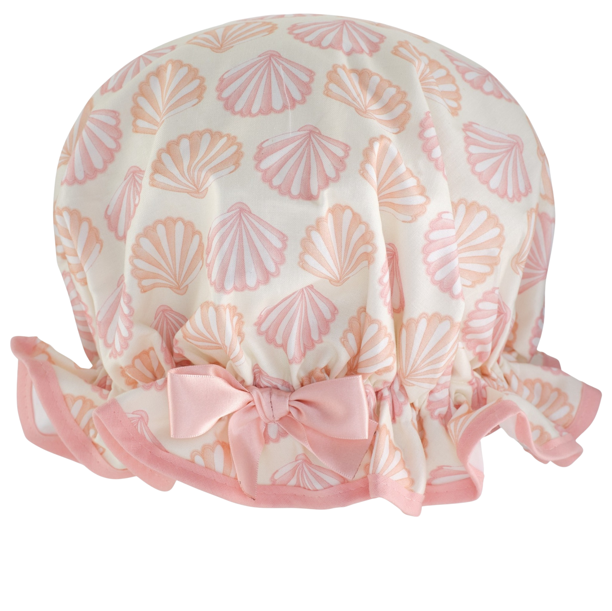 Vintage style women's large cotton shower cap.  Frilled edge, coral & pink sea shell print. Complementary coral trim and satin bow.