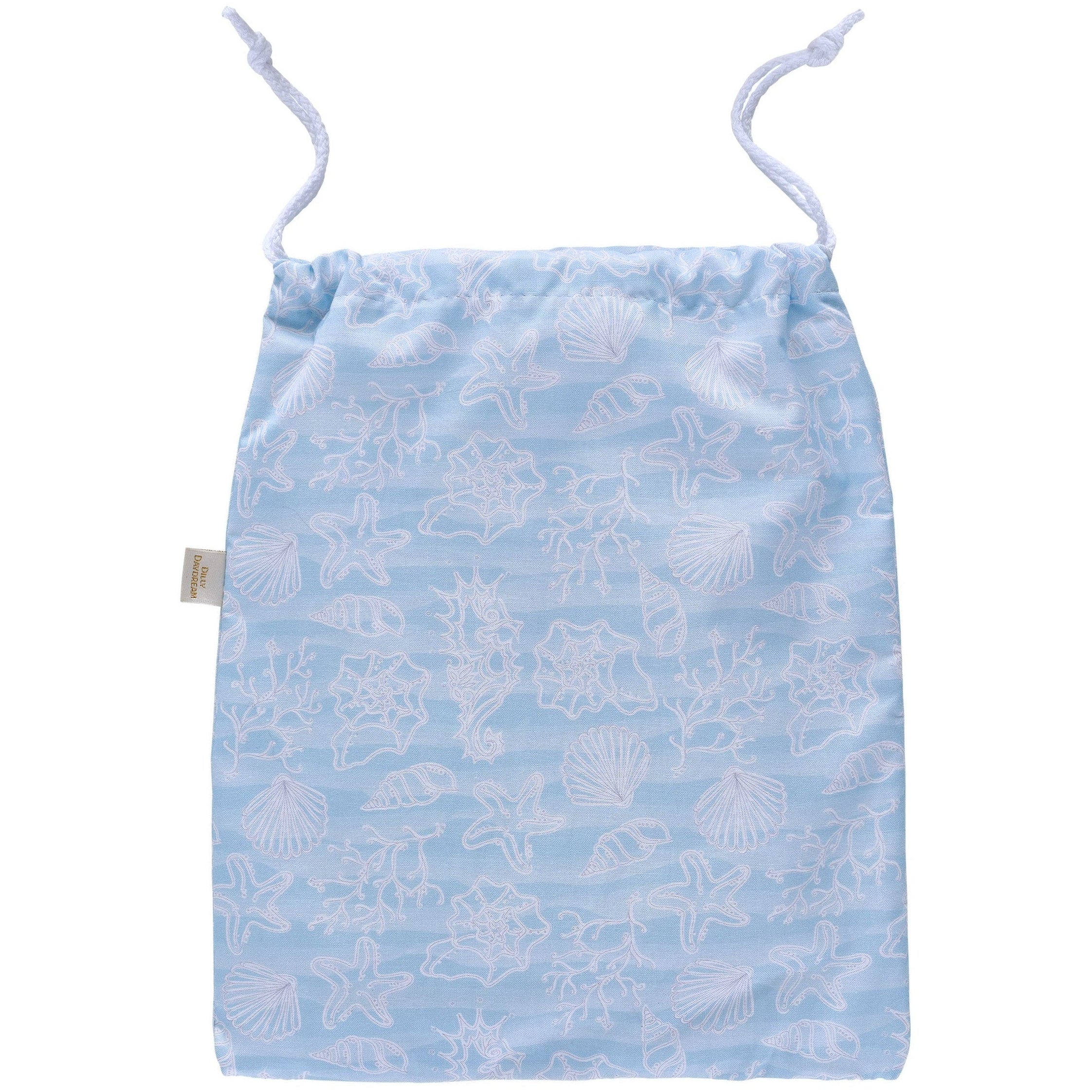Light blue drawstring bag with seashell pattern on a white background