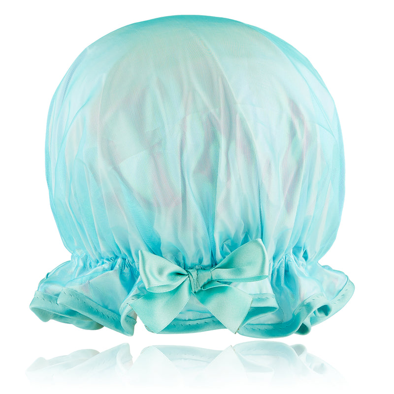 Vintage style women's adjustable shower cap. Frilled edge, iridescent bright blue organza with matching trim and satin bow.