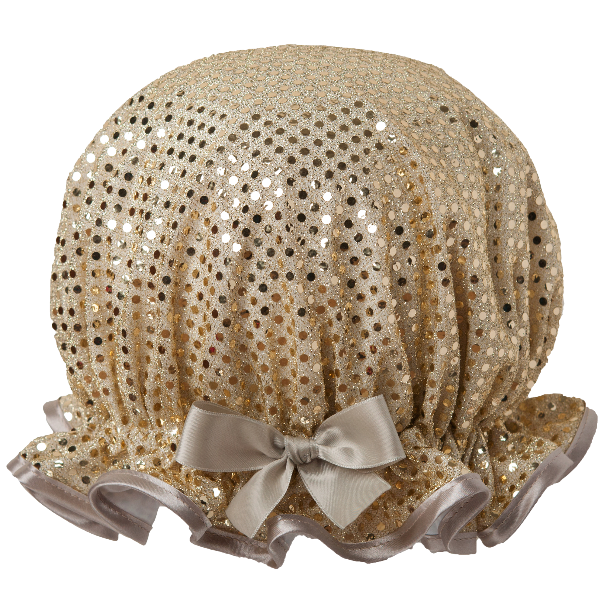 Vintage style, mesh shower cap. Frilled edge and covered in gold sequins. Beige satin trimmed edge and matching satin bow.
