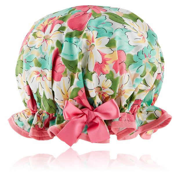 Vintage style women's large cotton shower cap.  Frilled edges, multi coloured flowers in pastel pink and greens, trimmed in pink with a matching satin bow
