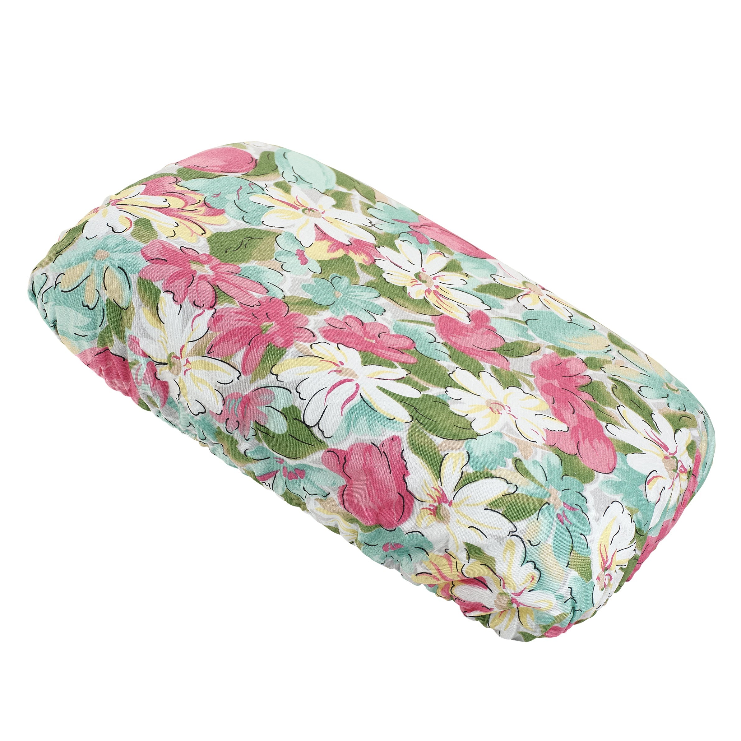 Soft waterproof rectangular bath pillow covered in a pastel pink and green cotton print. Two suckers on reverse.