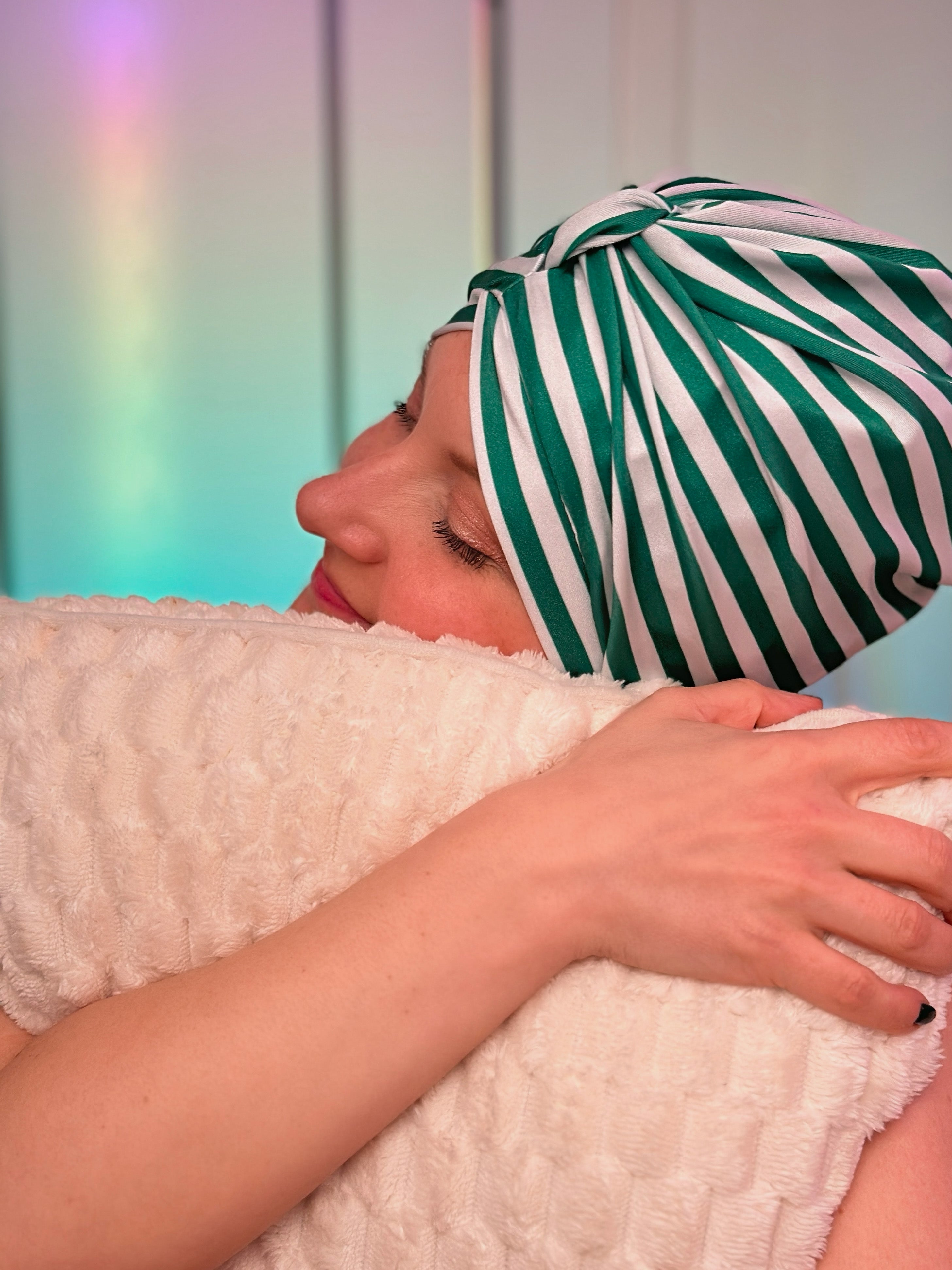 Stripey Green Towelling Lined Drying Turban