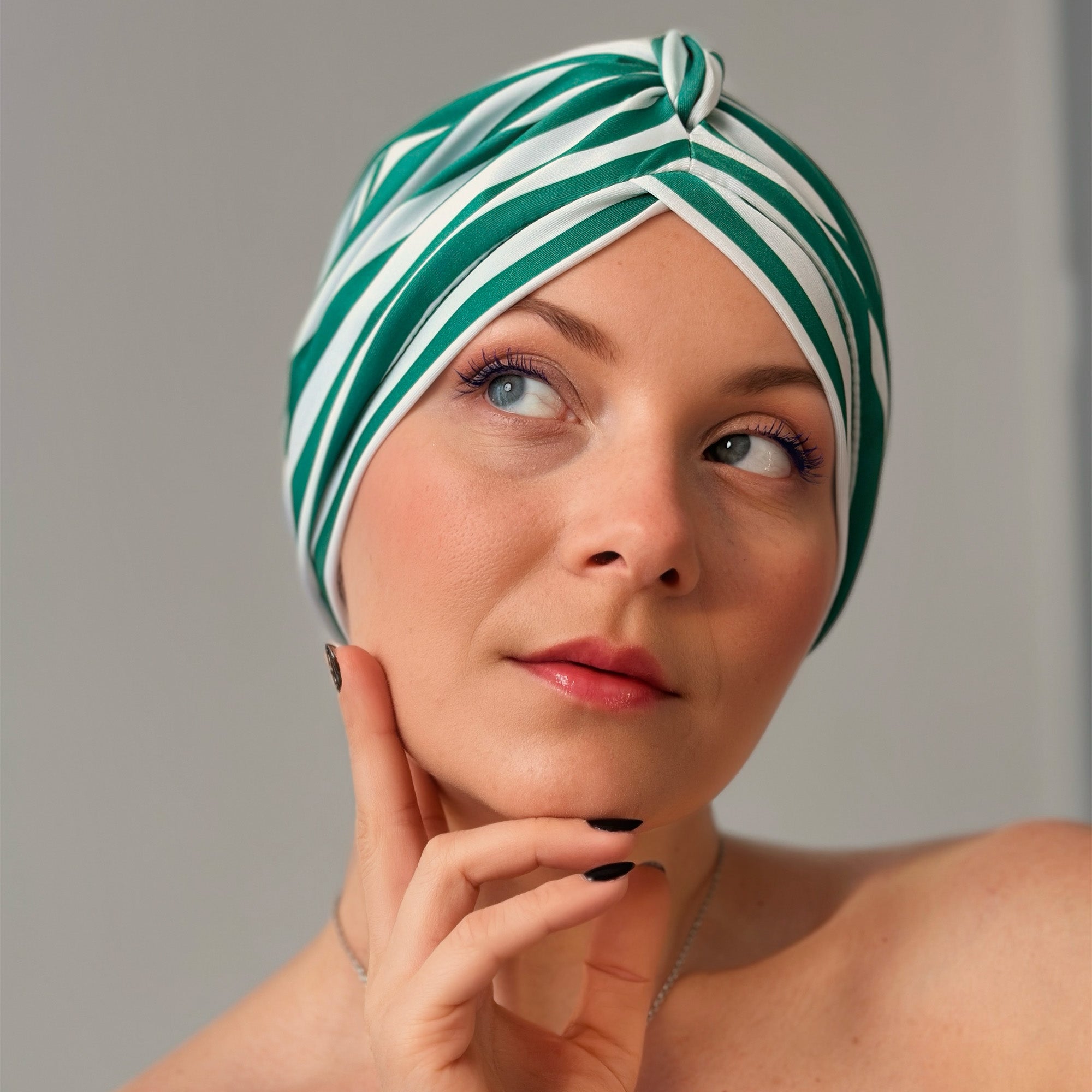 Stripey Green Towelling Lined Drying Turban