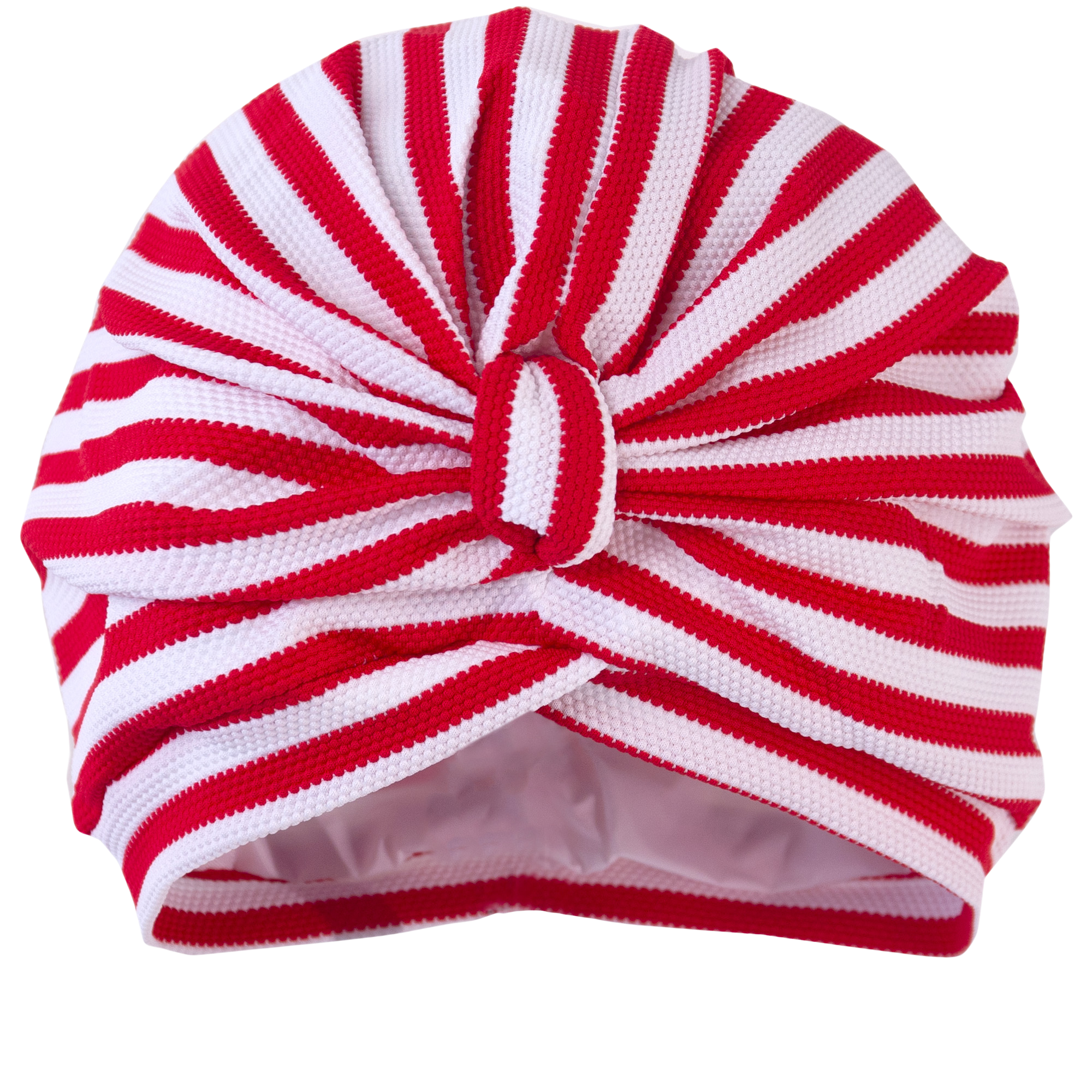 Red and white stripe ribbed lycra pull on waterproof turban, with pretty gather and knotted at front