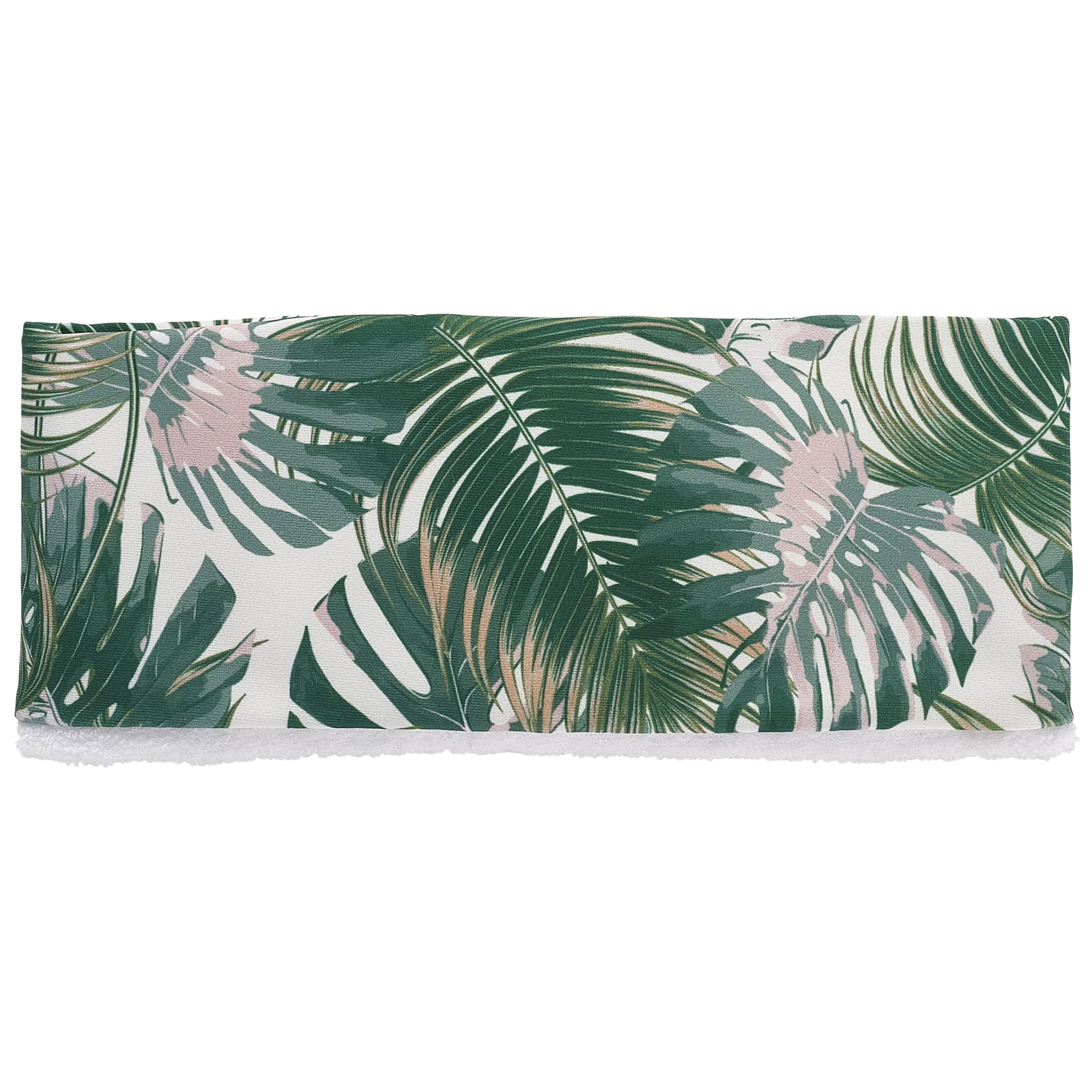 Green palm print on white background lycra hairband with white microfibre lining and twist at top.