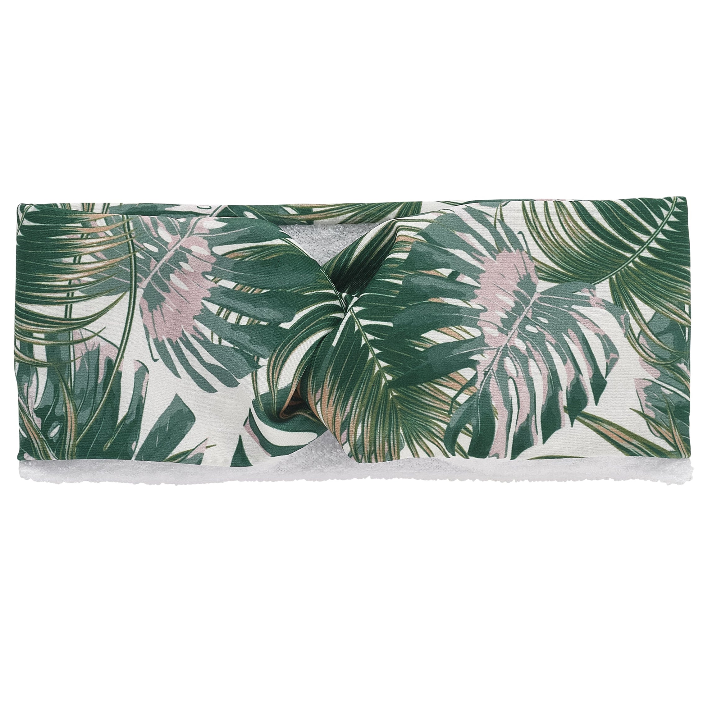 Green palm print on white background lycra hairband with white microfibre lining and twist at top.