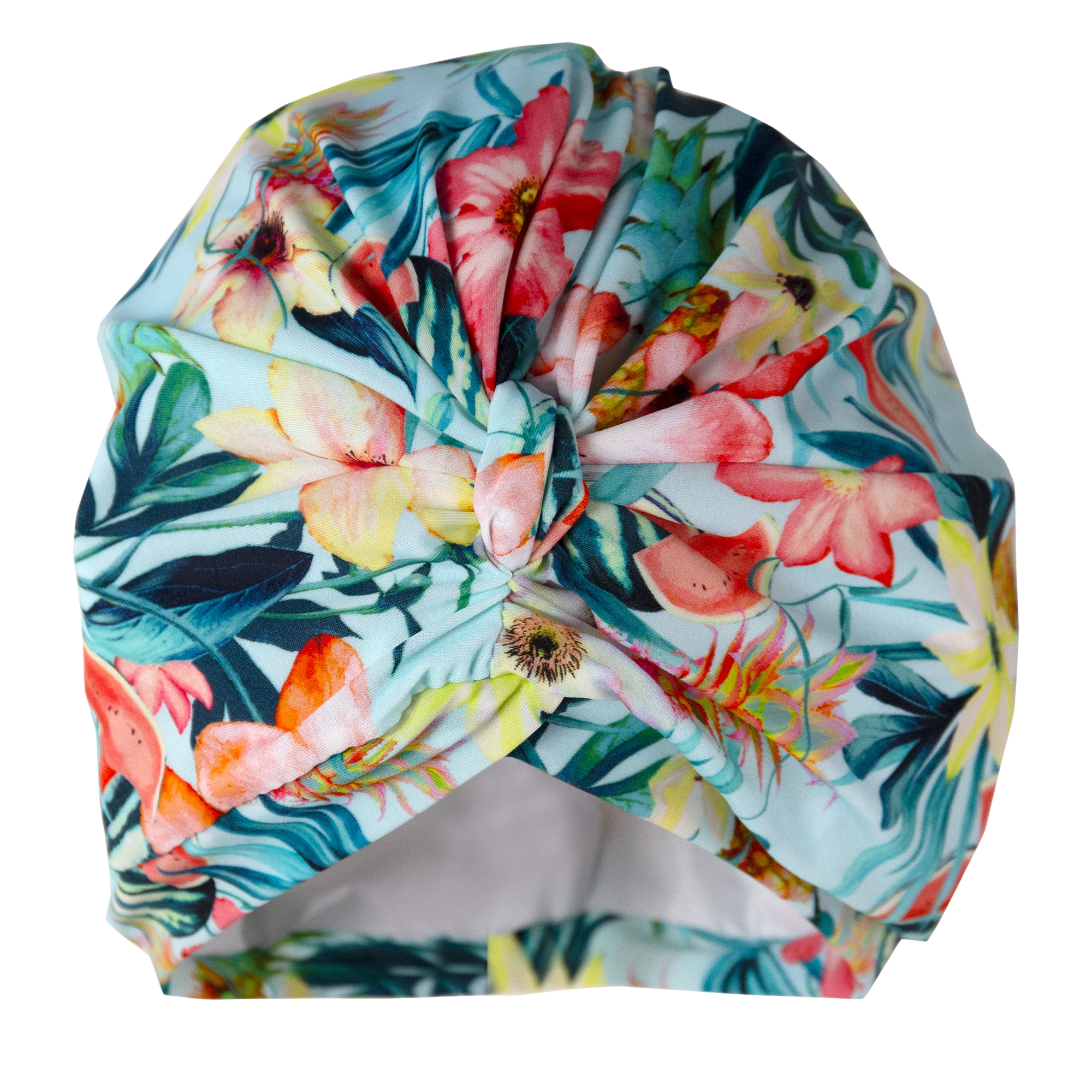 Bright, multicoloured tropical lycra pull on waterproof shower turban, with pretty gathered know at front