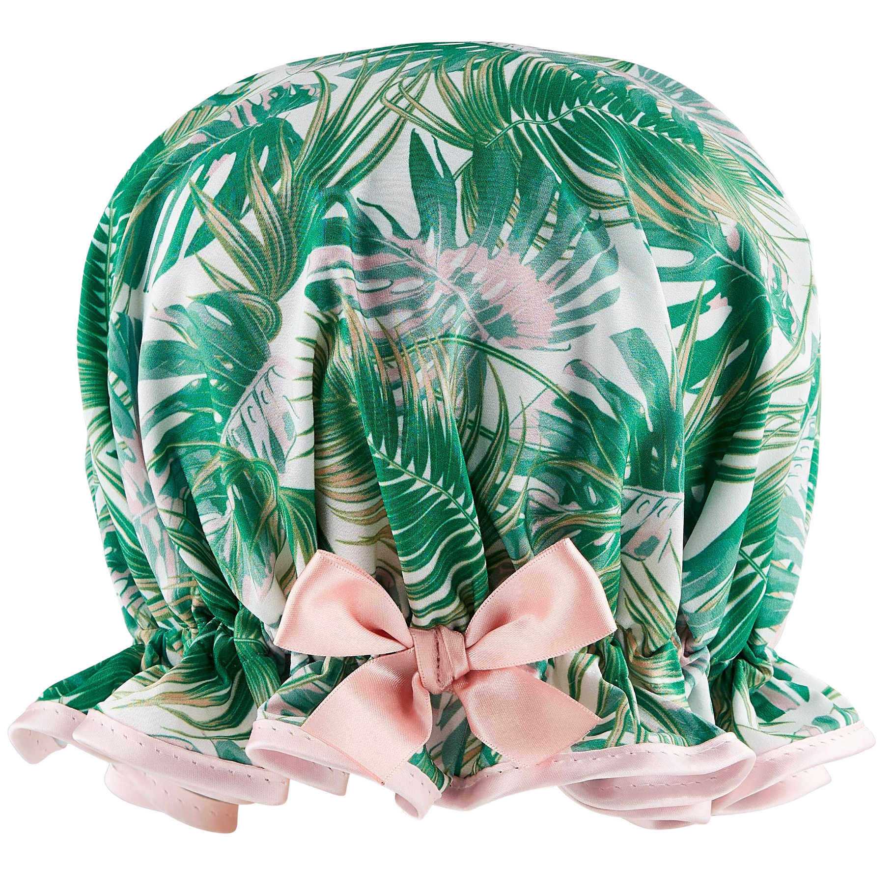 Retro style woman's frilled style shower cap. Satin print of palm leaves in green and pink hues, with pale pink trim and satin bow.