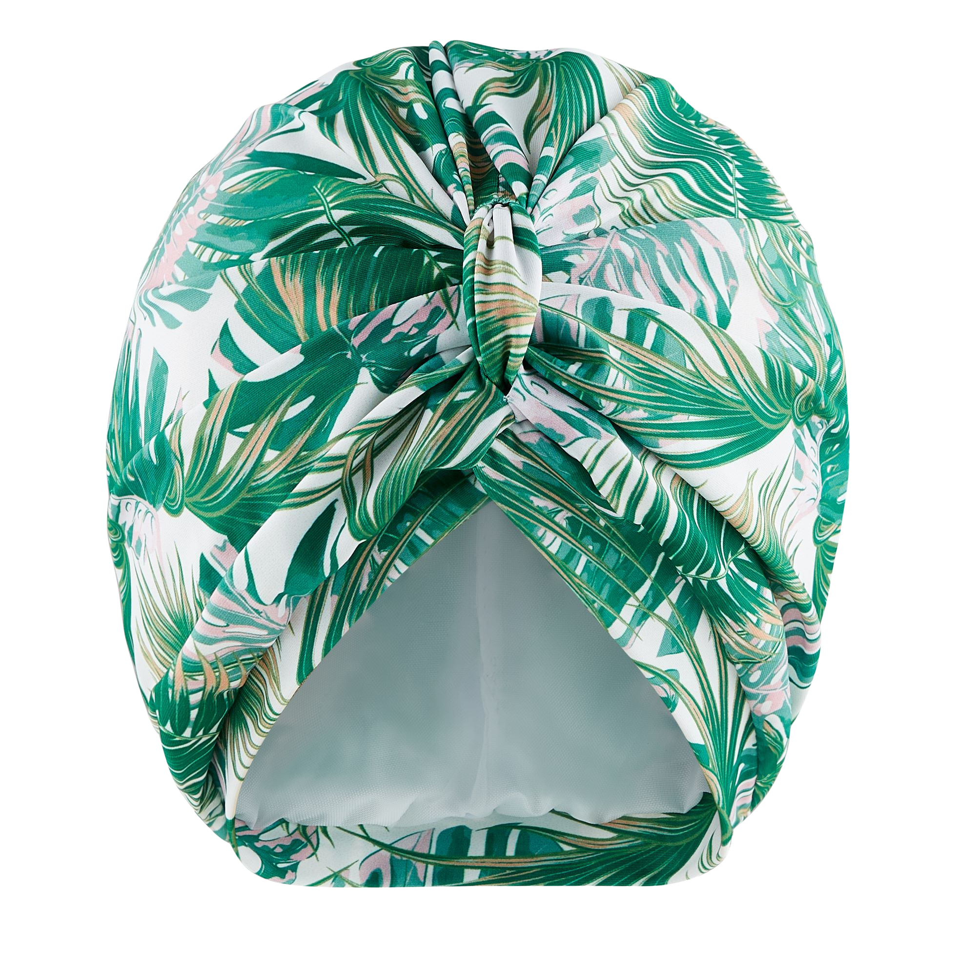 Green and pink hued palm print lycra pull on waterproof turban, with pretty gathered knot at front